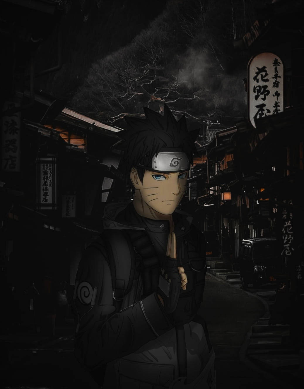 Naruto Swag 桌布 壁紙 — 一個年輕的忍者，有著尖刺的黑髮和藍色的眼睛，夜晚站在一條燈光昏暗的傳統日本小巷中，周圍是木質建築和發光的燈籠。