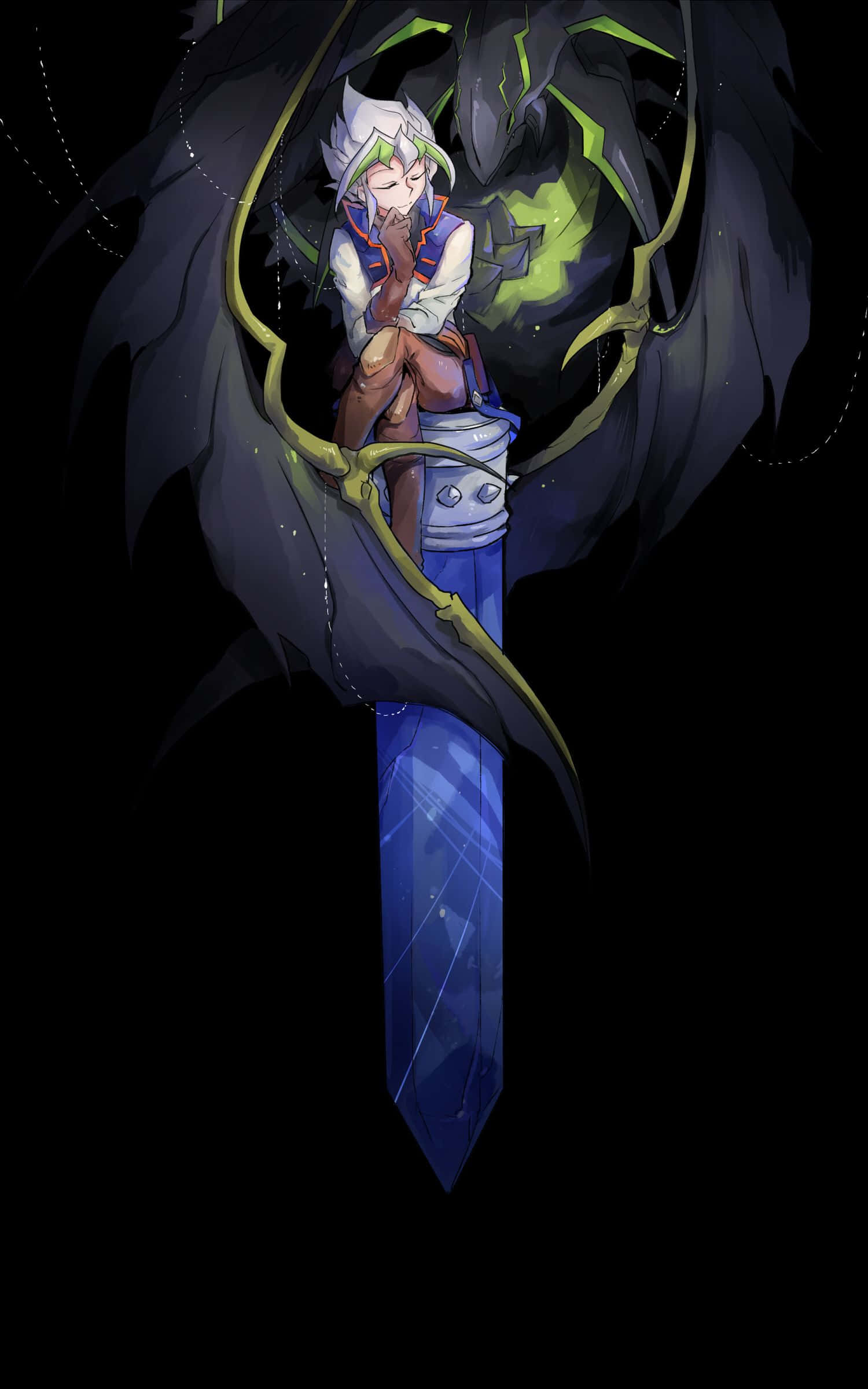Zarc 桌布 壁紙 — 一個年輕的白髮動漫角色坐在一把發光的藍色劍上，被一個帶有綠色點綴的黑暗有翼生物擁抱著，背景是黑色。