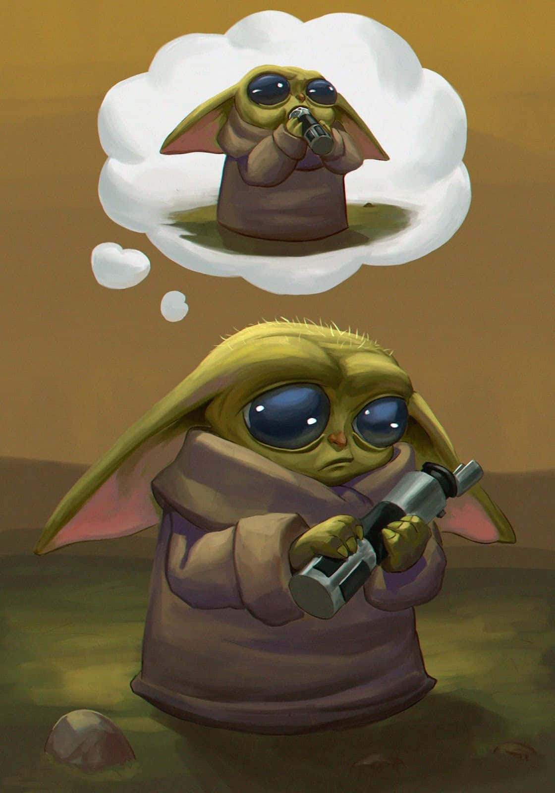 Baby Yoda Phone 桌布 壁紙 — 一個年輕的綠色外星人，有大眼睛，手持爆能槍，而一個思想泡泡顯示他在對著麥克風唱歌。