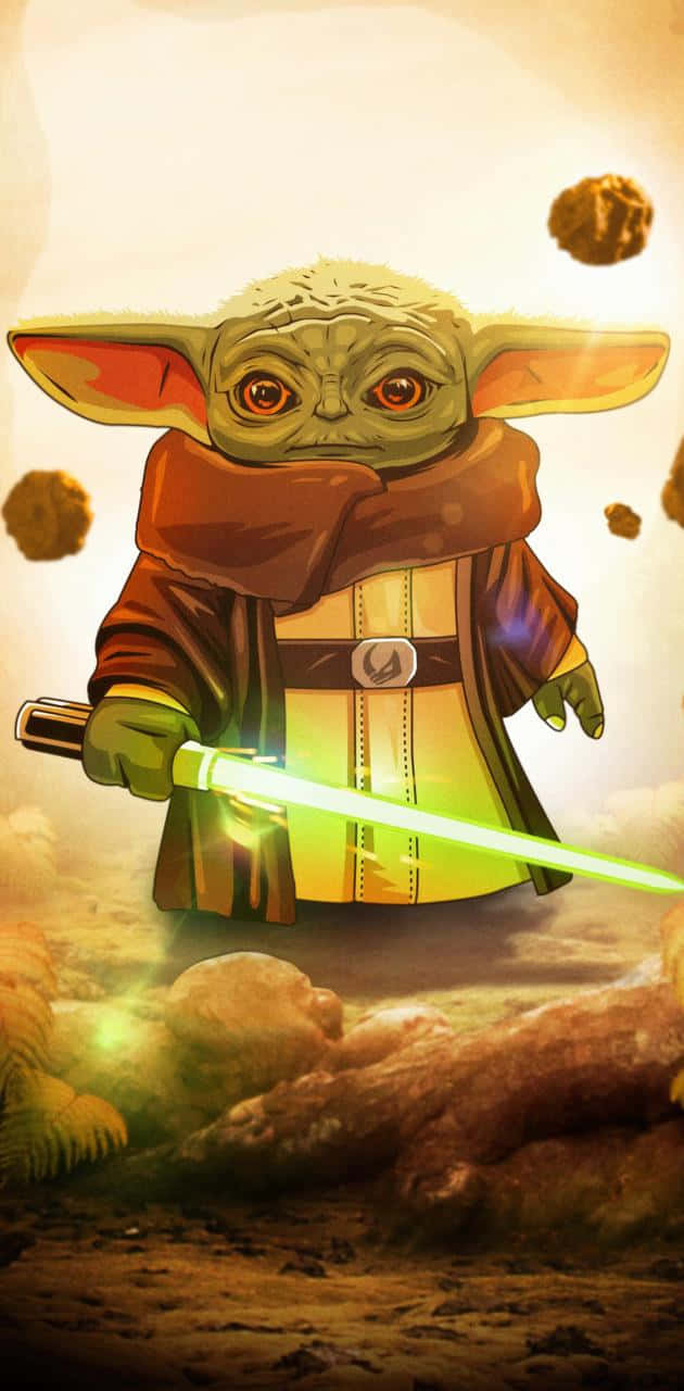 Baby Yoda iPhone 桌布 壁紙 — 一個年輕的綠色皮膚、大耳朵的絕地武士，在沙漠般的環境中，手持發光的綠色光劍，周圍漂浮著岩石。