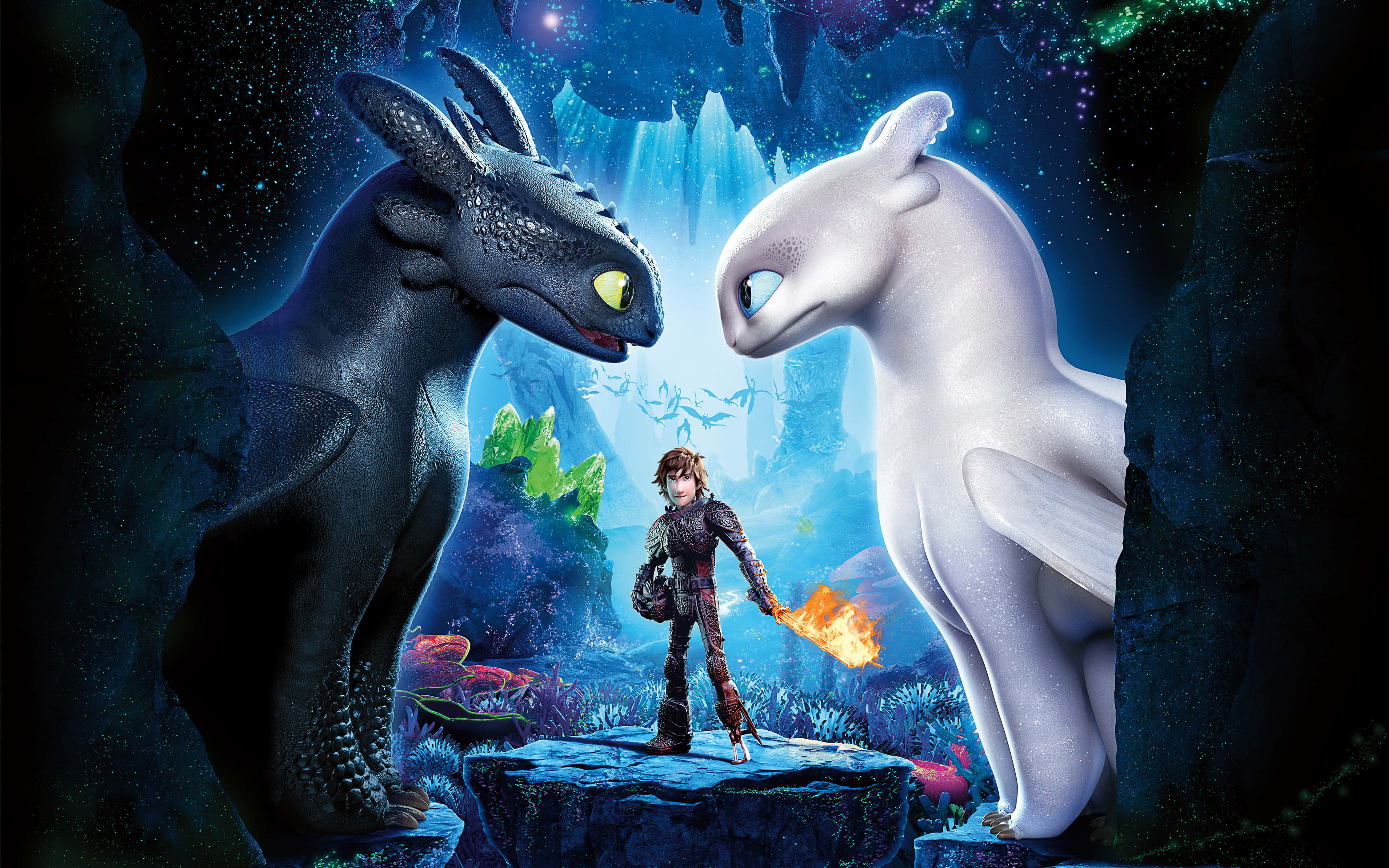How To Train Your Dragon 4K 桌布 壁紙 — 一個年輕的維京人站在發光的洞穴中，位於兩條龍之間，一條是黃眼睛的黑龍，另一條是藍眼睛的白龍。
