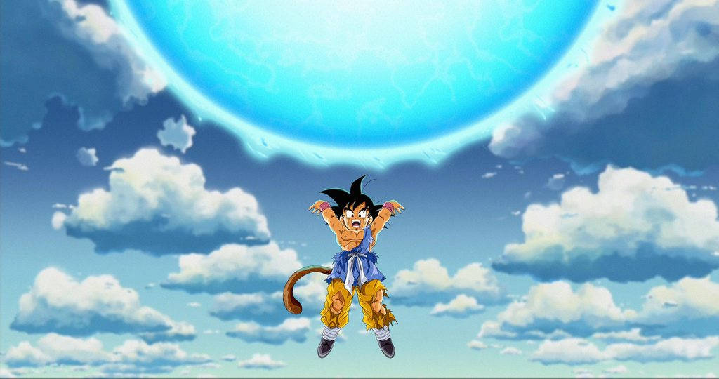 spirit 桌布 壁紙 — 一個年輕的賽亞人戰士在一個巨大的發光藍色星球下跳過多雲的天空。