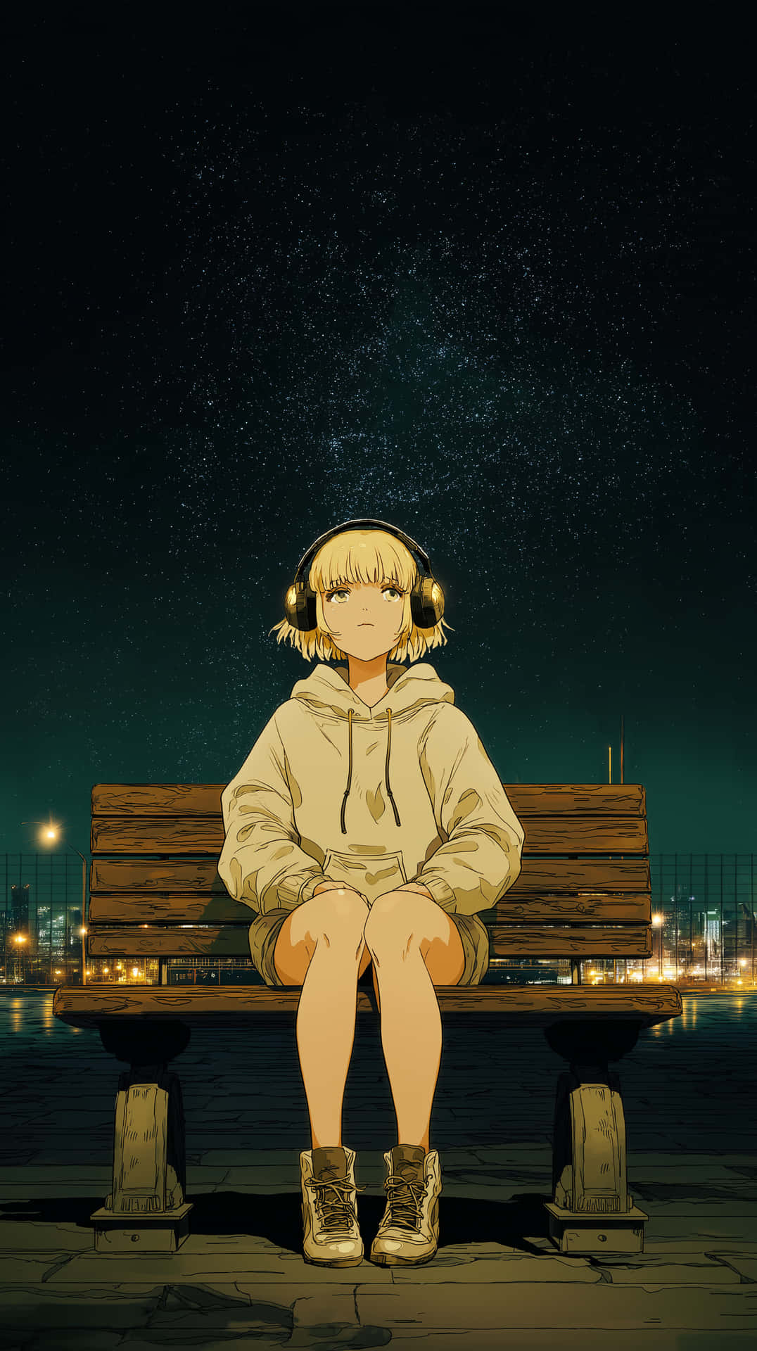 Anime Girl on Bench Under Starry City Night Sky 壁紙 — 一個年輕的金髮動漫女孩晚上坐在木長椅上，戴著耳機，在星空下，身後的城市燈光倒映在水面上。