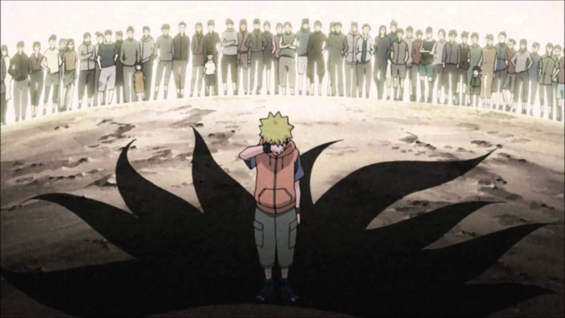 Sad Aesthetic Naruto 桌布 壁紙 — 一個年輕的金髮動漫男孩獨自站在貧瘠的田野中，身後有一個巨大的影子，遠處有一群人在觀看。