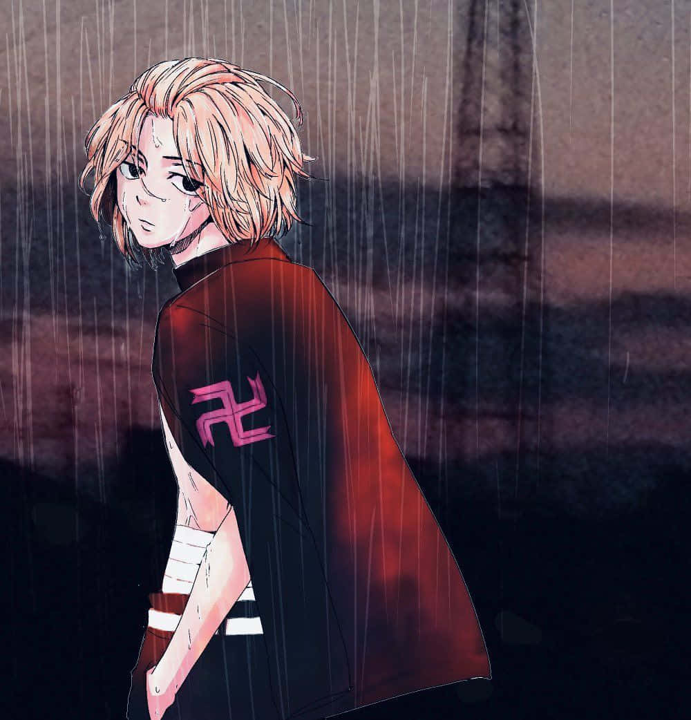 Manjiro 桌布 壁紙 — 一個年輕的金髮動漫角色站在雨中，身穿紅色斗篷，背後有粉紅色標誌。