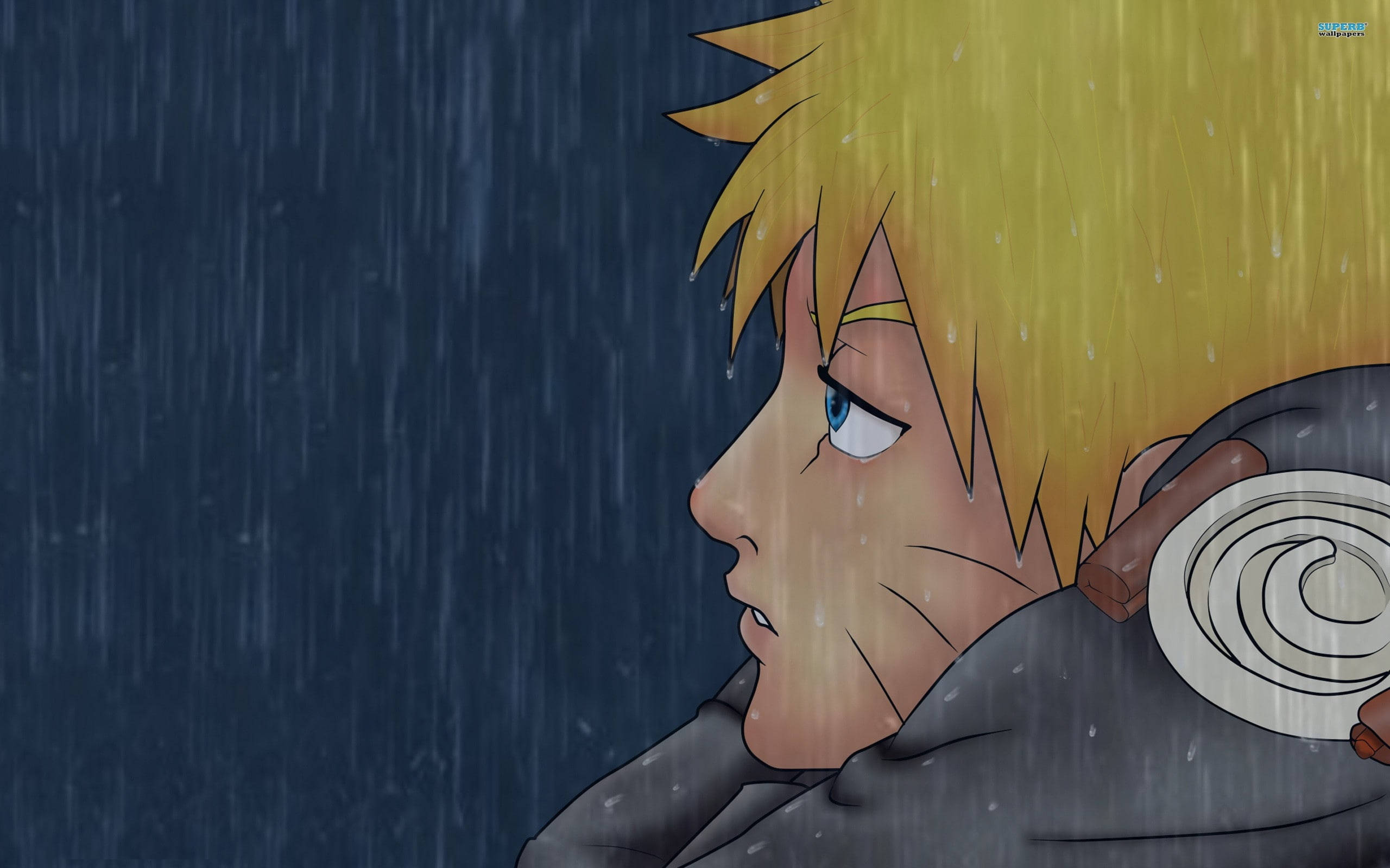 anime crying 桌布 壁紙 — 一個年輕的金髮藍眼動漫男孩在深藍色背景下於大雨中悲傷地低頭。