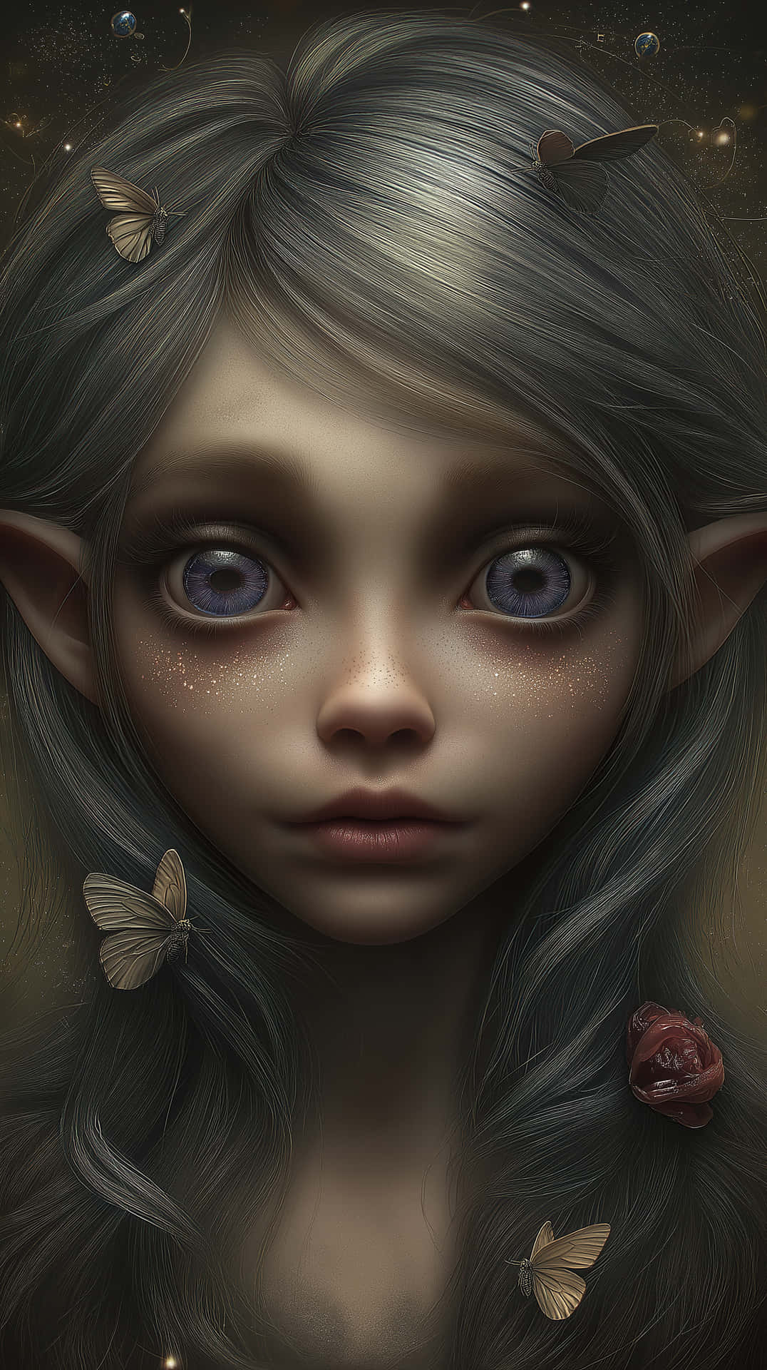Fantasy Elf with Butterflies and Glowing Hair 壁紙 — 一個年輕精靈的特寫肖像，擁有藍色大眼睛和灰色頭髮，飾有蝴蝶和一朵紅玫瑰，背景是星空夜空。