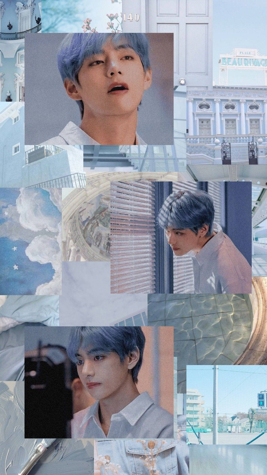 kim taehyung 桌布 壁紙 — 一個年輕藍髮男子在各種環境中的拼貼畫，帶有柔和色調和建築元素。