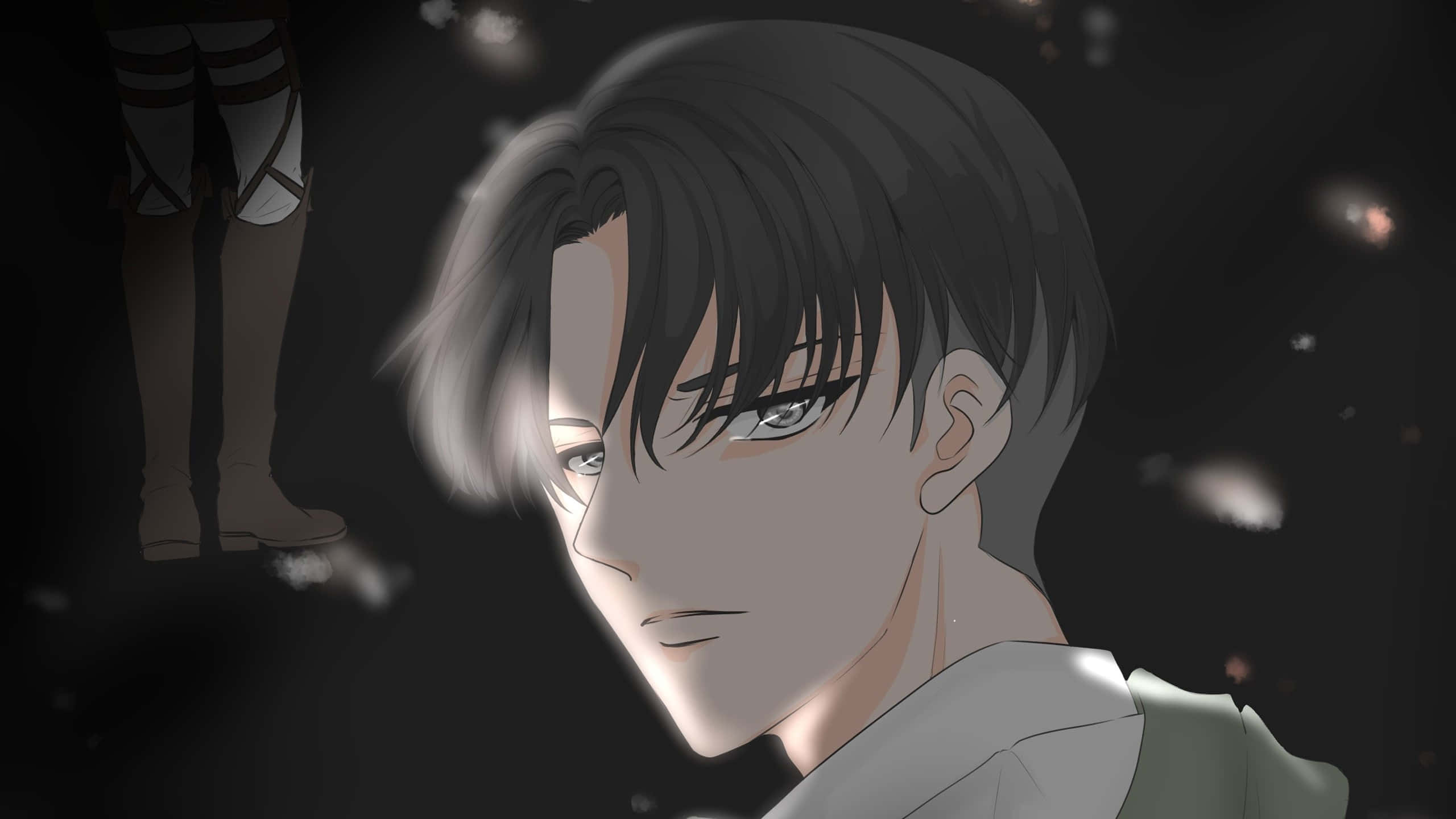動漫男孩 桌布 壁紙 — 一個年輕黑髮、眼神銳利的動漫人物特寫肖像，在黑暗背景中柔和地照亮，並有漂浮的粒子。