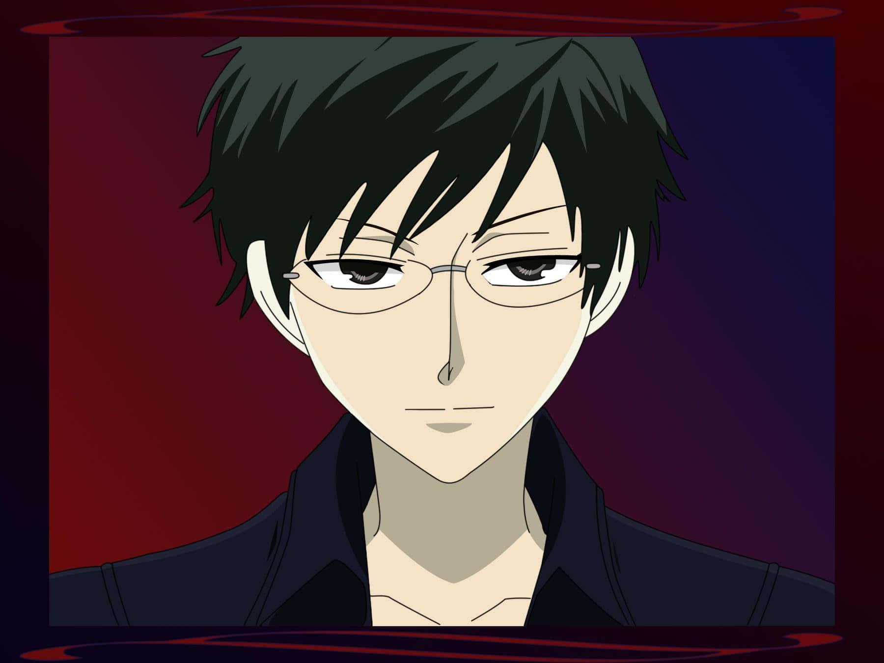 Kyoya Ootori 桌布 壁紙 — 一個年輕黑髮戴眼鏡男子的特寫動畫肖像，背景為深紅和紫色漸變。