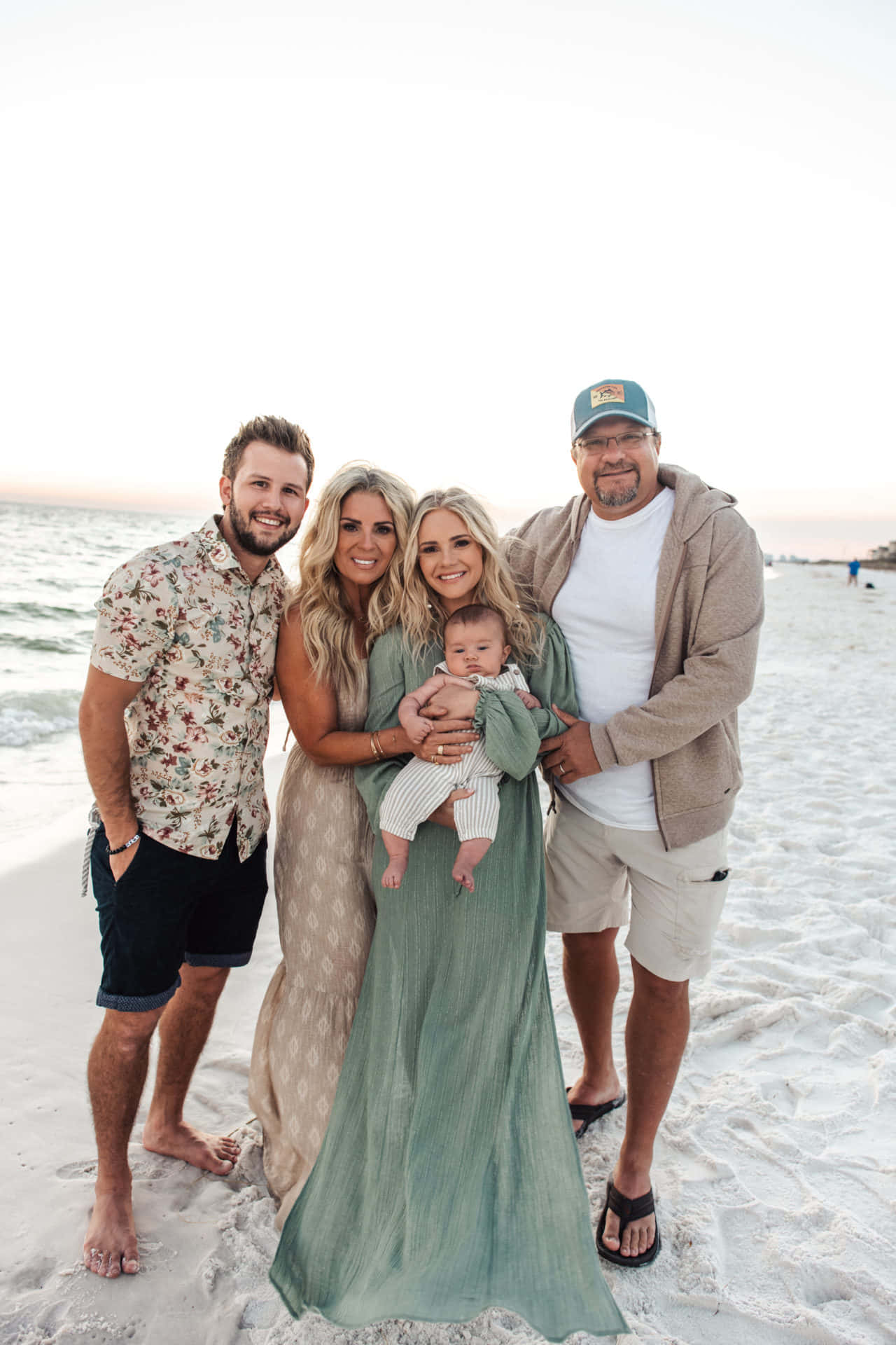 Beach Family 桌布 壁紙 — 一個幸福的四口之家在日落時分的沙灘上一起擺姿勢，身後有輕柔的海浪。