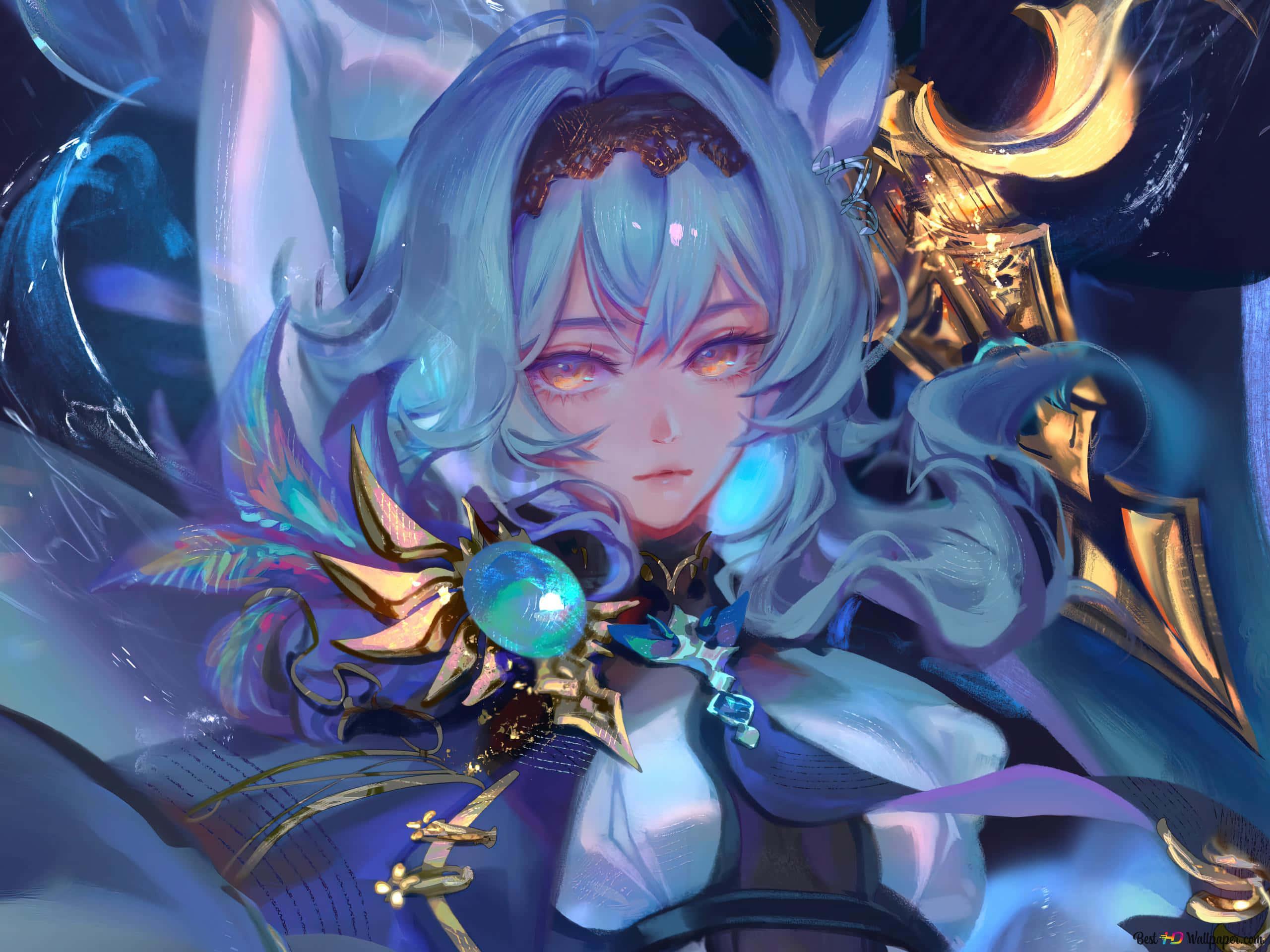 美學 桌布 壁紙 — 一個幻想動漫女孩，擁有發光的藍色頭髮和金色盔甲，在旋轉的宇宙背景下手持發光球體。