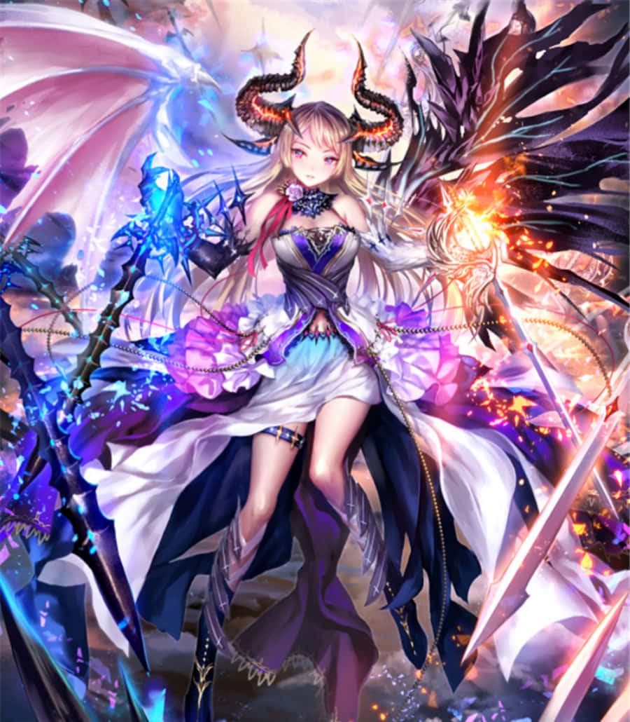 動漫惡魔 桌布 壁紙 — 一個幻想動漫女孩，擁有發光的角和雙翼，在充滿活力的宇宙背景下揮舞著魔法武器。
