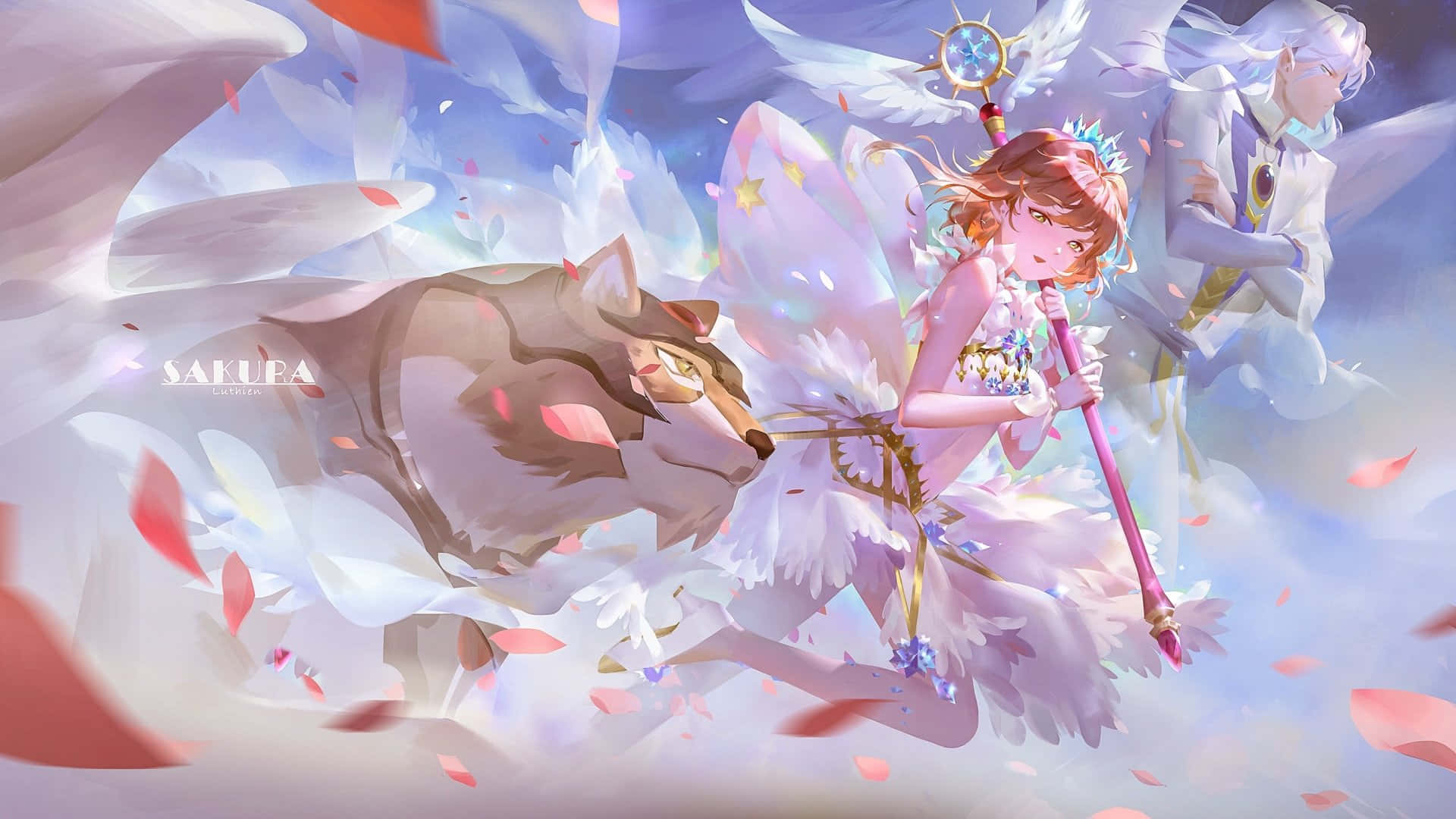 庫洛魔法使 桌布 壁紙 — 一個幻想動漫女孩，有翅膀和法杖，騎著狼穿過充滿飄落粉紅色花瓣和空靈光芒的天空。