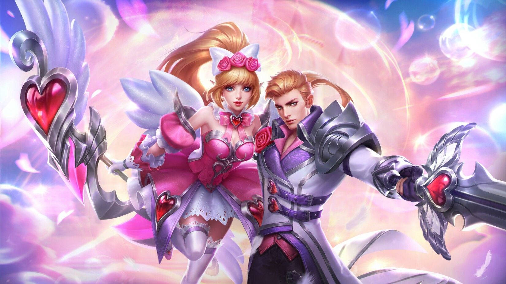 Mobile Legends 動態圖 桌布 壁紙 — 一個幻想動漫情侶手持心形武器，英勇地站在發光的粉紅和紫色魔法背景前。