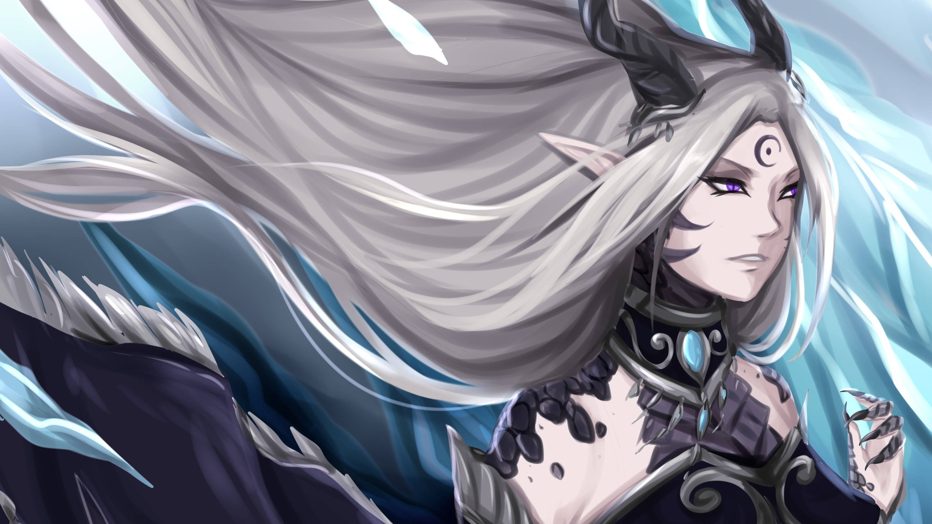 Succubus 桌布 壁紙 — 一個幻想動漫角色，長著銀色長髮和黑色角，站在旋轉的藍白背景前。