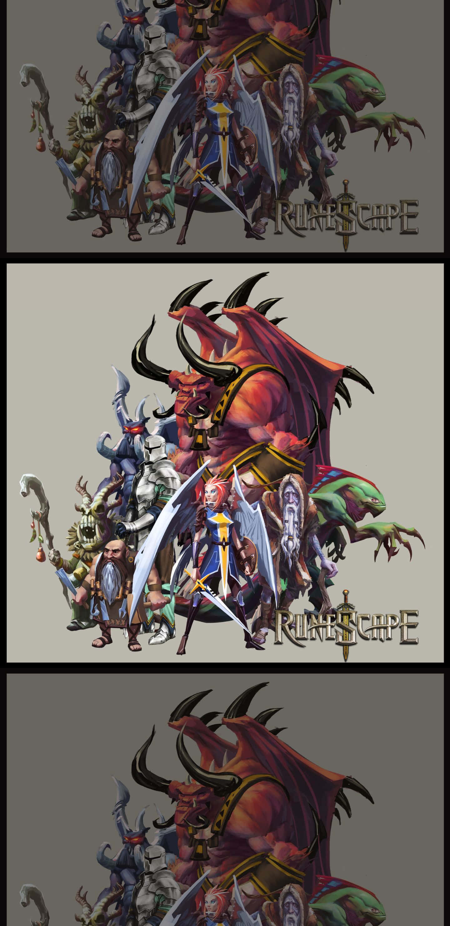 Pixel 3xl Runescape 桌布 壁紙 — 一個幻想插圖，描繪一位擁有翅膀和劍的戰士站在一隻巨大的紅龍和一組多樣化的冒險者面前。