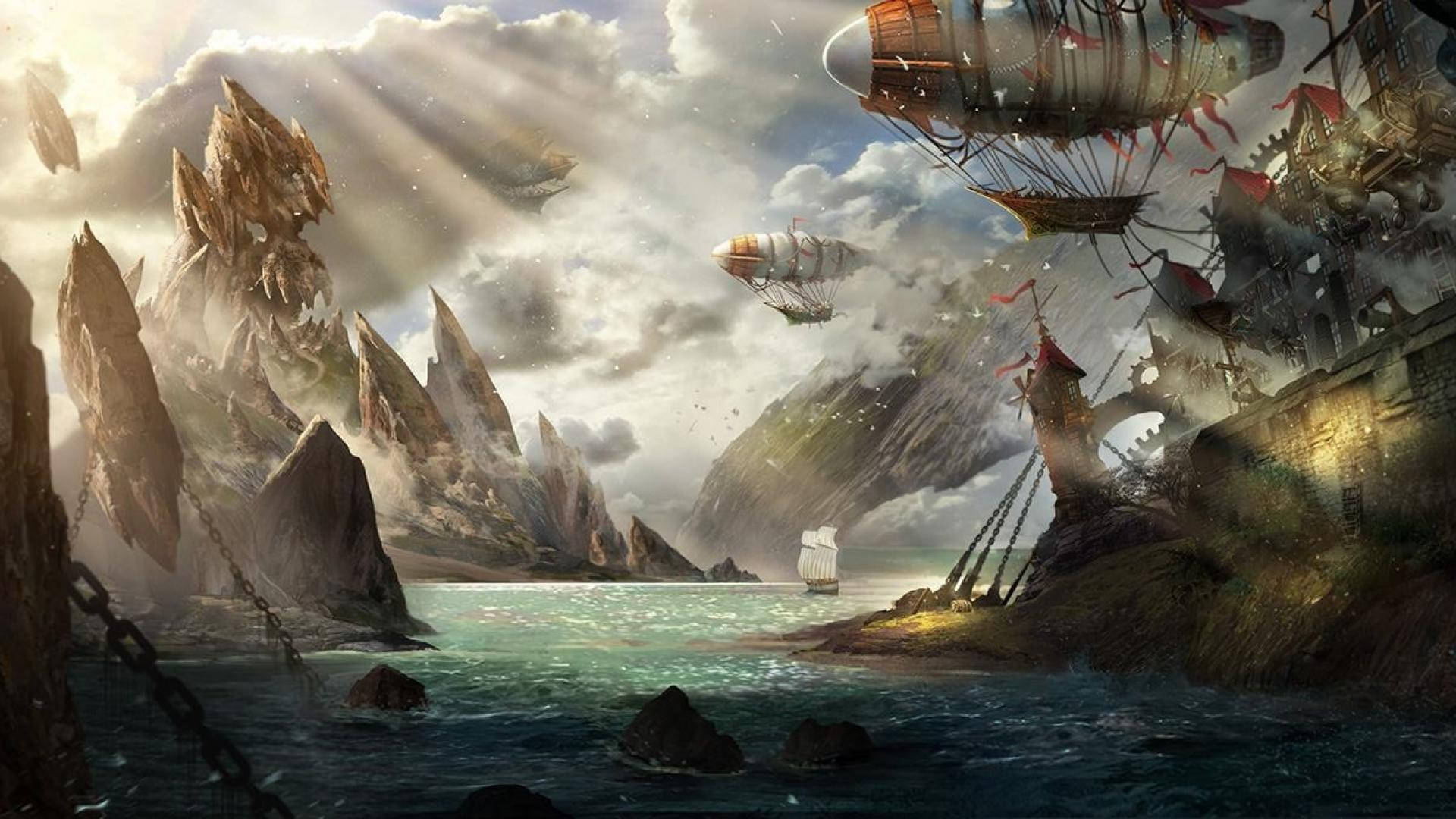 蒸氣龐克 桌布 壁紙 — 一個幻想海景，有漂浮的飛船和鋸齒狀的懸崖，天空多雲，陽光穿透雲層。