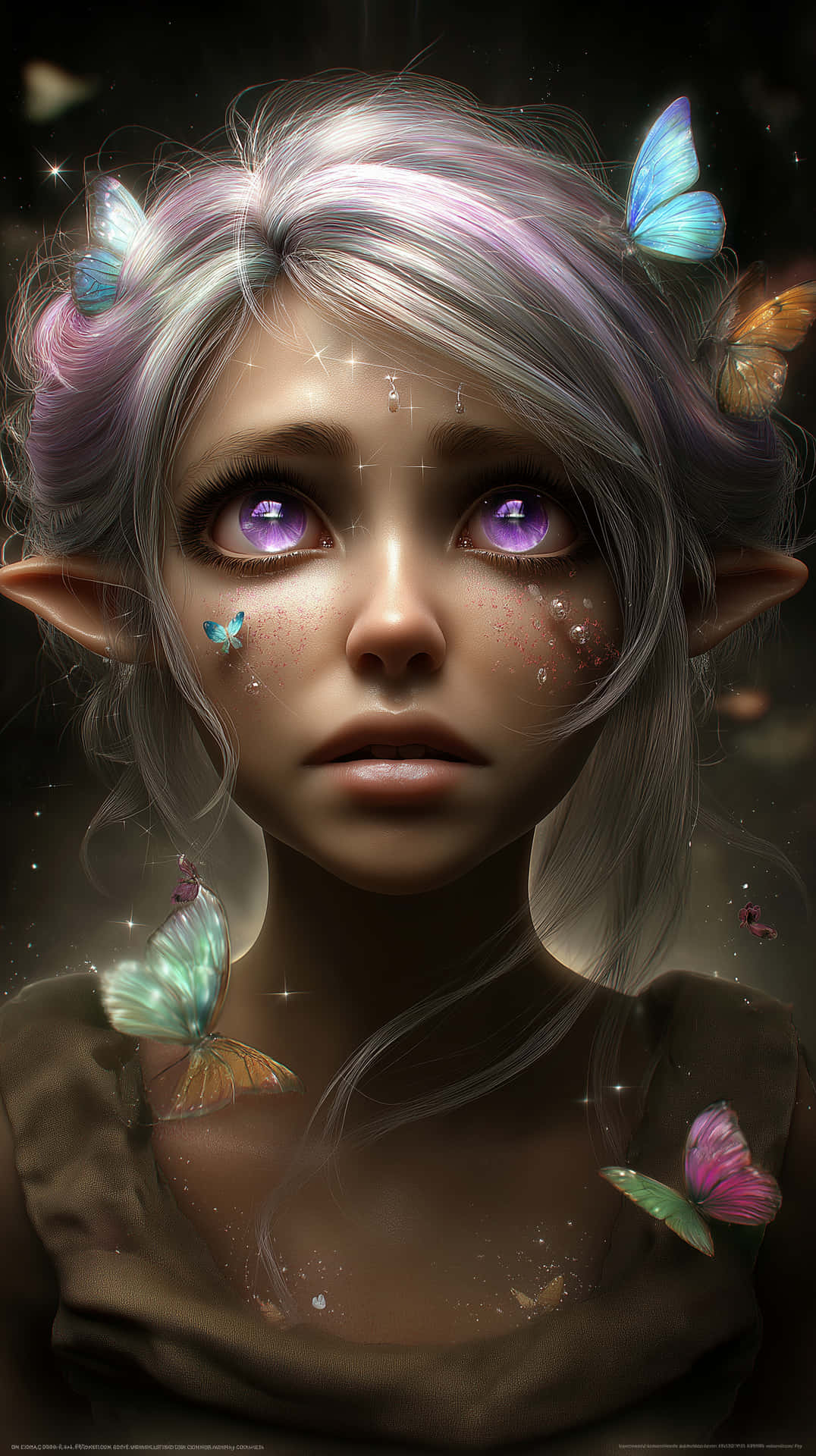 Fantasy Elf with Butterflies and Glowing Hair 壁紙 — 一個幻想精靈女孩，銀色頭髮和紫色眼睛，被發光的蝴蝶包圍在黑暗神秘的環境中。