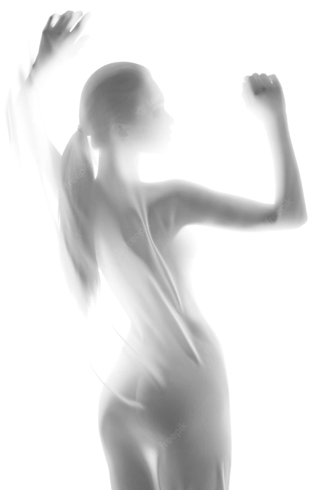 sexy woman 桌布 壁紙 — 一個幽靈般的單色剪影，一位女士在明亮的白色背景上舉起雙臂跳舞。