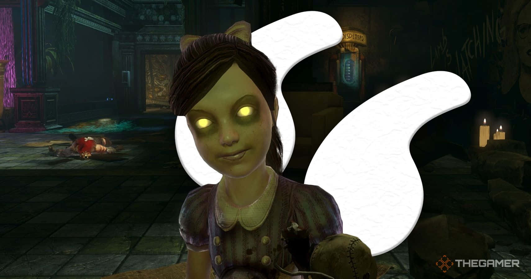 Bioshock Characters 桌布 壁紙 — 一個幽靈般的女孩，有著發光的黃色眼睛和白色翅膀，站在一個黑暗的哥德式走廊裡，有蠟燭和地板上的屍體。