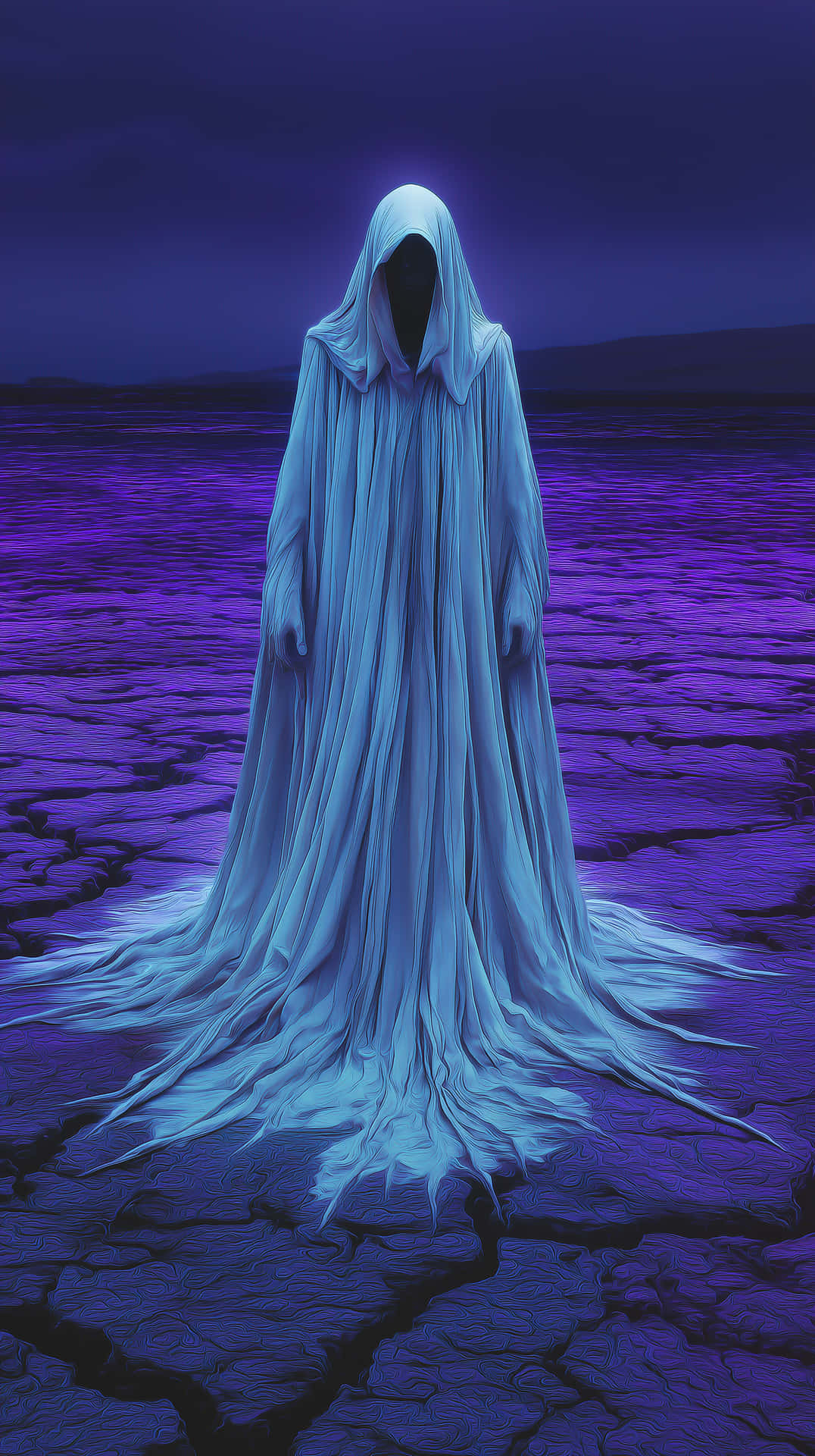 Ethereal Figure on a Desolate Alien Landscape 壁紙 — 一個幽靈般的身影，身穿飄逸的藍色連帽長袍，獨自站在裂開的紫色沙漠上，天空是深紫色的。