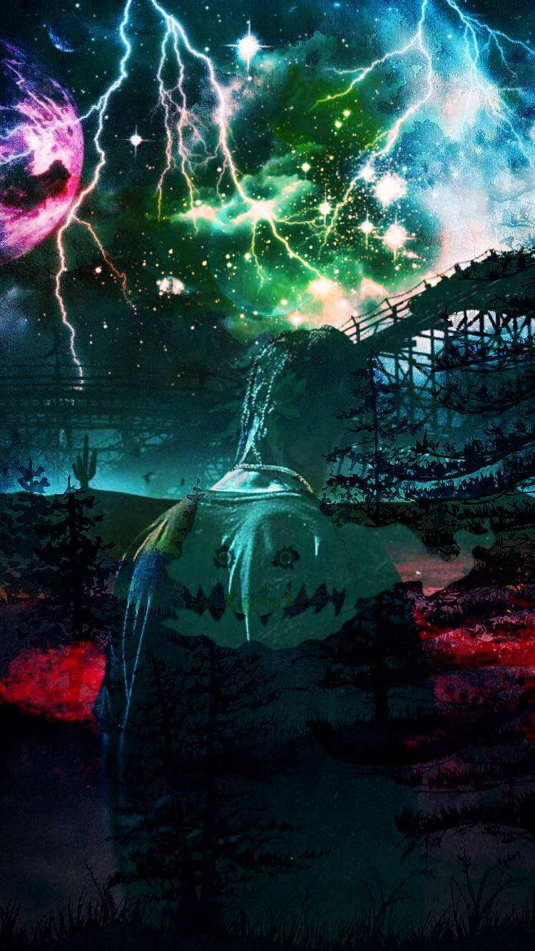 Astroworld 桌布 壁紙 — 一個幽靈般的身影站在風暴般的宇宙天空下，霓虹閃電和外星行星在廢棄的雲霄飛車上方。