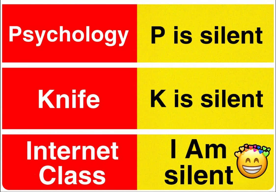 Educational Memes 桌布 壁紙 — 一個幽默的圖形，帶有紅色和黃色方塊，用笑臉表情符號展示關於不發音字母的文字遊戲。