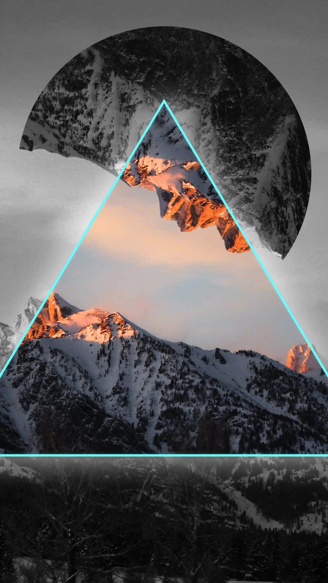 Geometric iPhone 桌布 壁紙 — 一個幾何三角形框住一個被白雪覆蓋的山峰，在單色調的風景中散發著夕陽的色彩。