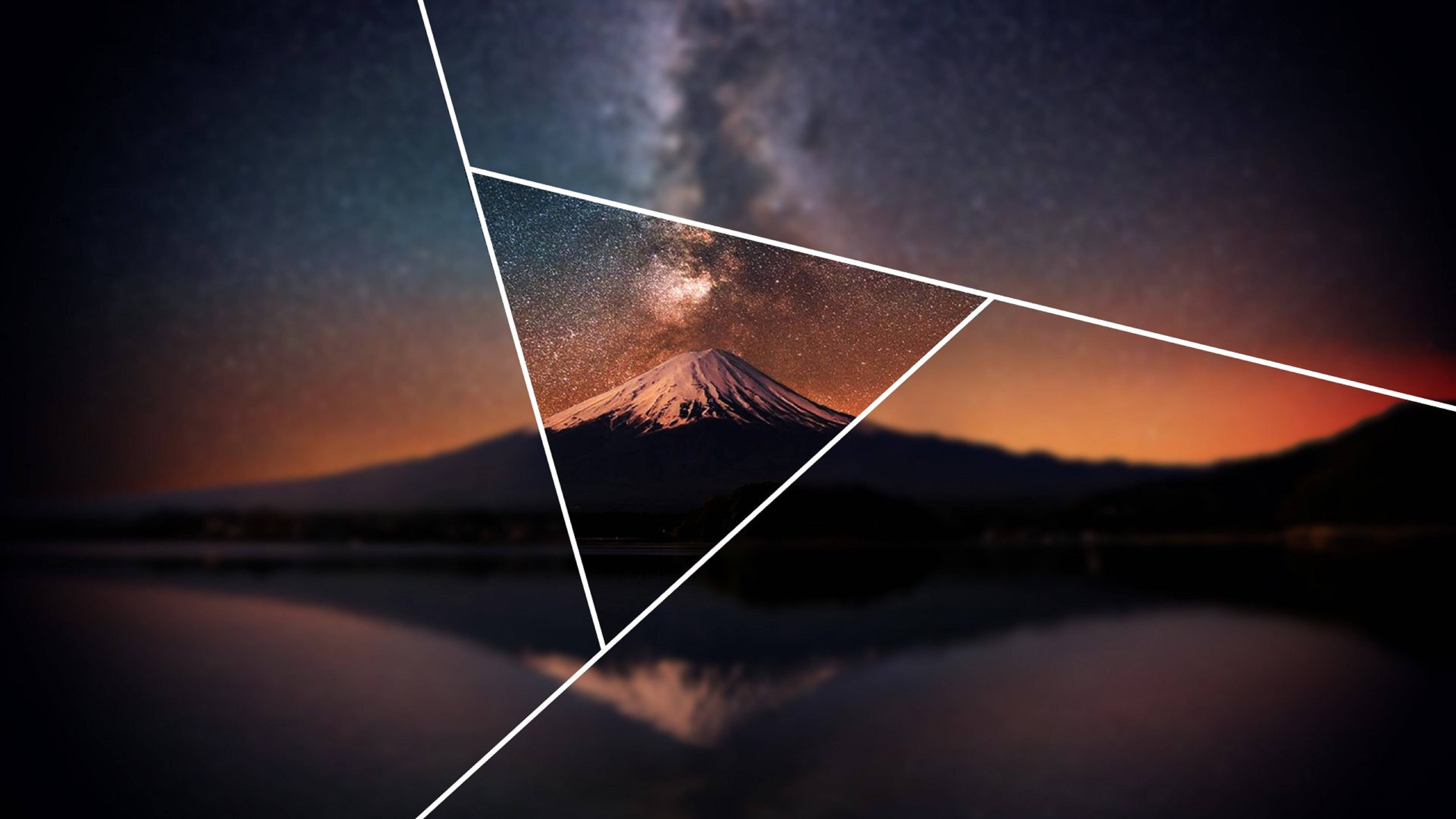 Polyscape 桌布 壁紙 — 一個幾何三角形框住星空下的富士山，平靜的水面反射出銀河。
