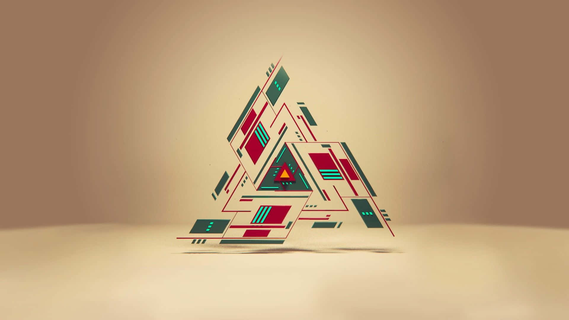 Geometric Shapes 桌布 壁紙 — 一個幾何三角形雕塑，帶有紅色、藍綠色和奶油色面板，漂浮在米色表面上，背景為柔和漸變色。