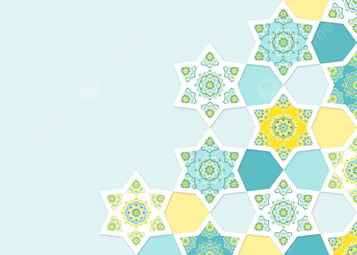 Beautiful Pattern 桌布 壁紙 — 一個幾何壁紙圖案，由層疊的星星和六邊形形狀組成，帶有複雜的曼陀羅設計，採用青綠色、黃色和白色，背景為柔和的薄荷色。