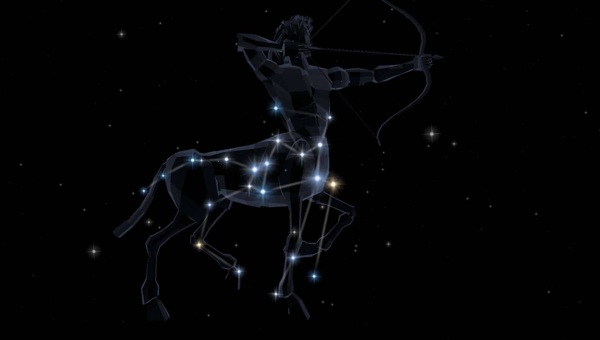 sagittarius 桌布 壁紙 — 一個幾何形狀的射手座星座在深黑色的夜空中閃耀著明亮的藍色星星，夜空點綴著閃爍的星星。