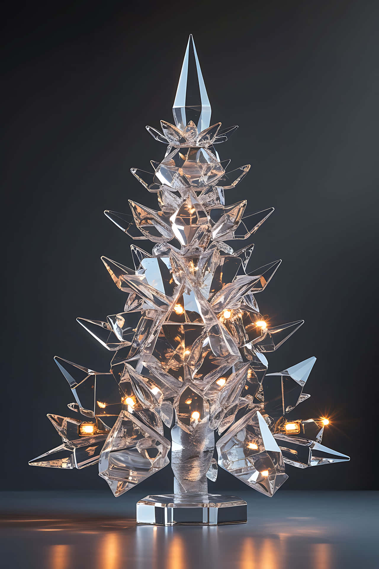 Modern crystal christmas tree 壁紙 — 一個幾何水晶聖誕樹，帶有溫暖發光的燈光，立在深灰色背景前。