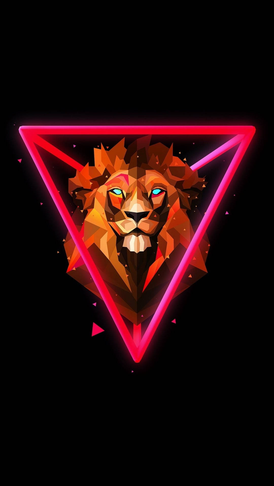 Lion Head 桌布 壁紙 — 一個幾何獅子頭，帶有發光的青色眼睛，由霓虹粉紅色三角形框住，背景為黑色。