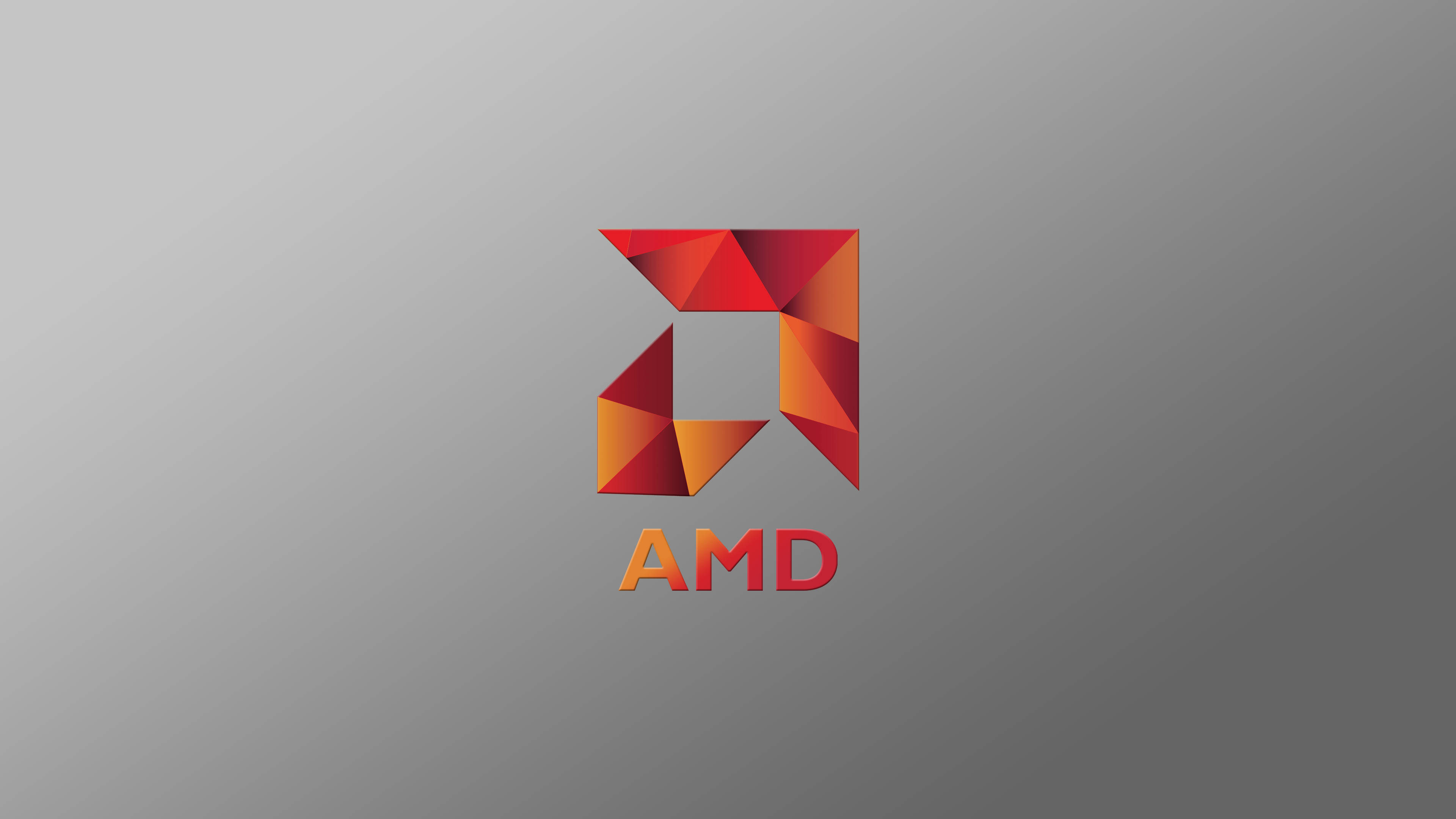 AMD 桌布 壁紙 — 一個幾何紅色AMD標誌，帶有三角形切面，居中於漸變灰色背景上。