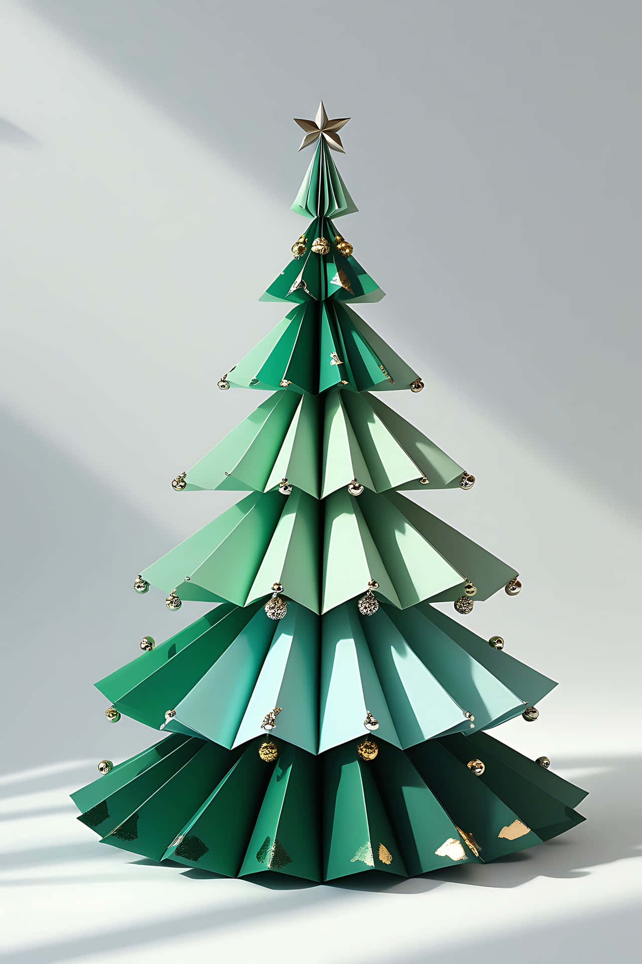 Modern green paper christmas tree 壁紙 — 一個幾何紙製聖誕樹，帶有漸變綠色層次和金色裝飾，立在柔和的灰色背景上。