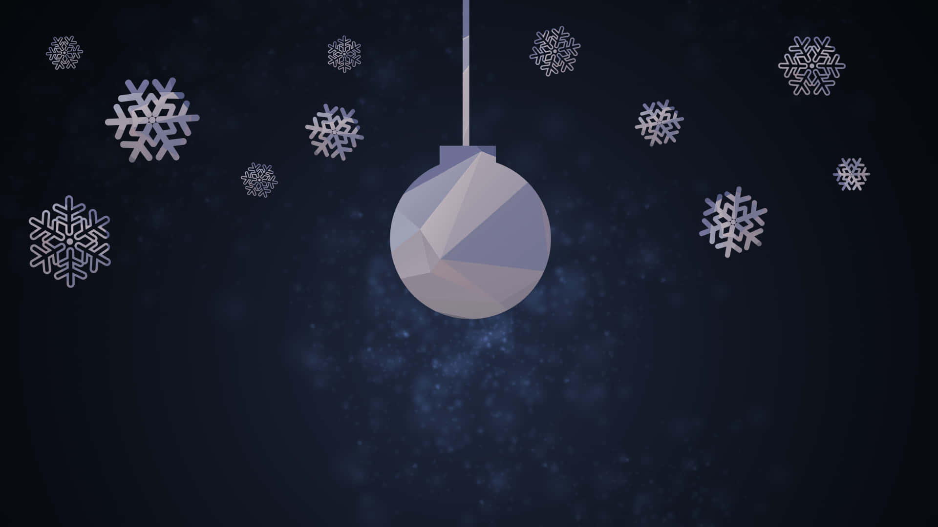 High Resolution Christmas 桌布 壁紙 — 一個幾何紫色裝飾品掛在深藍色背景上，伴隨著飄浮的雪花和柔和的光斑效果。
