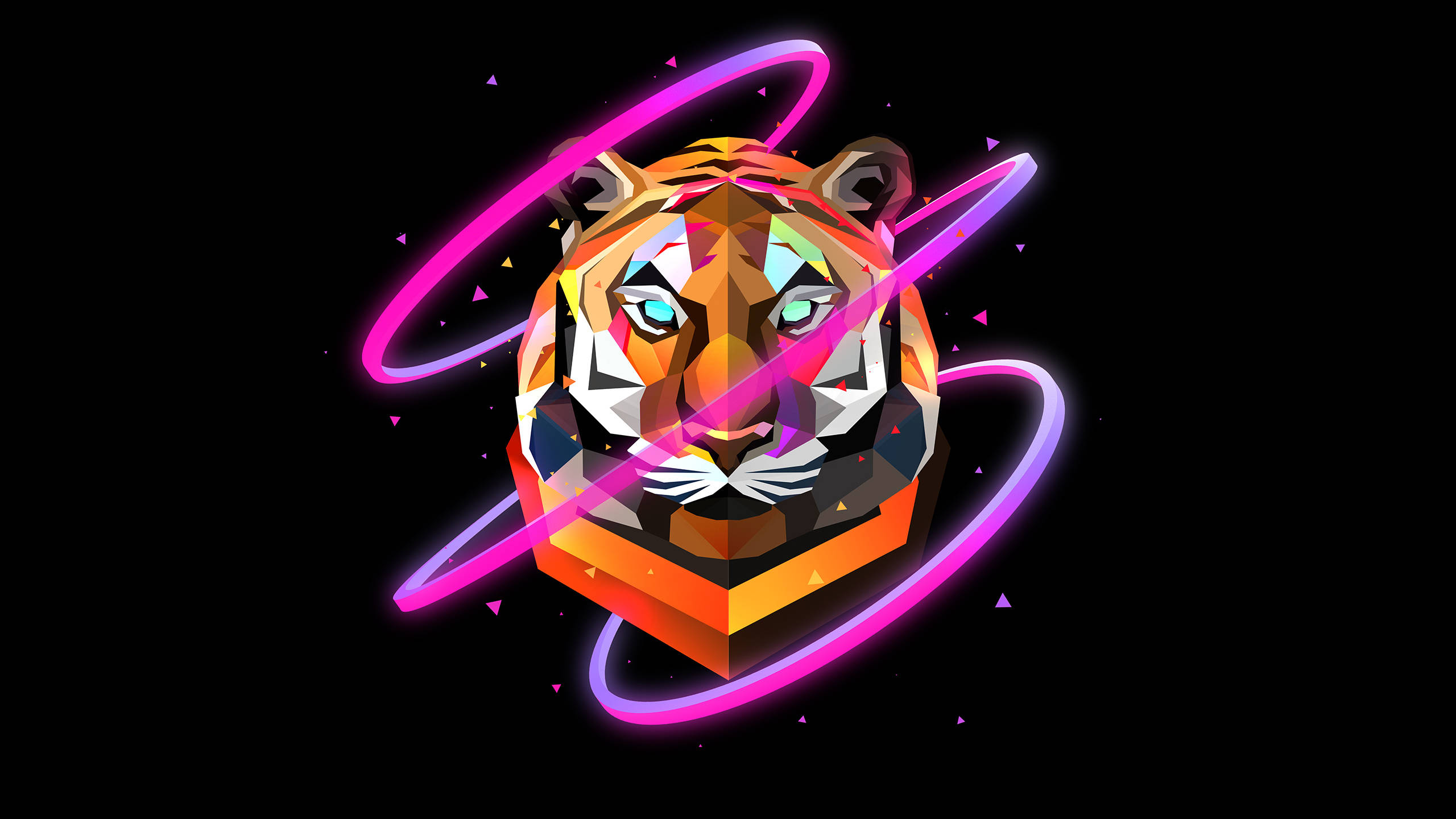 Polygon 桌布 壁紙 — 一個幾何老虎頭，帶有發光霓虹環，在黑色背景上環繞。