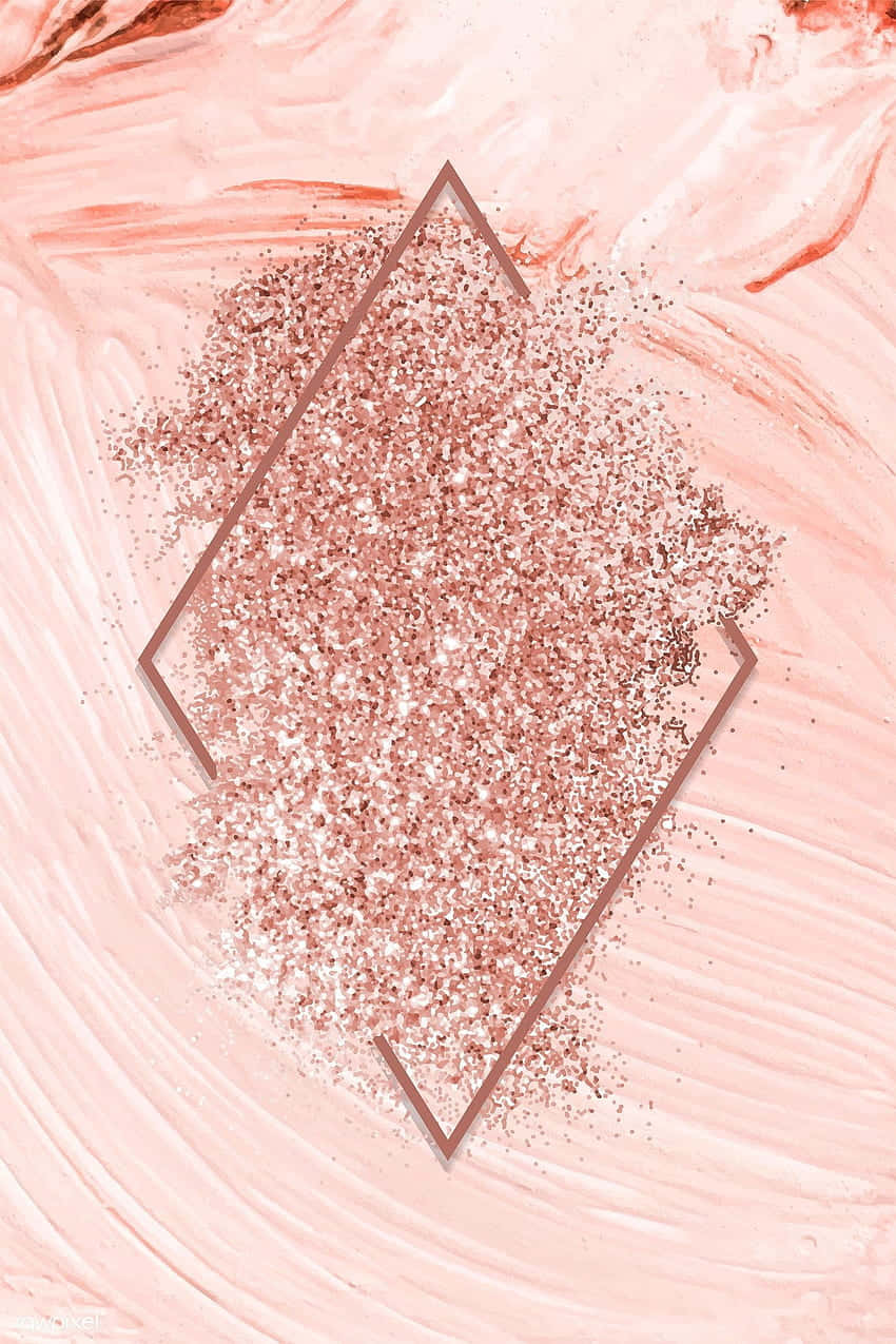 Pink And Gold 桌布 壁紙 — 一個幾何鑽石框架，內填玫瑰金亮粉，置於柔和的粉紅色漩渦背景上。