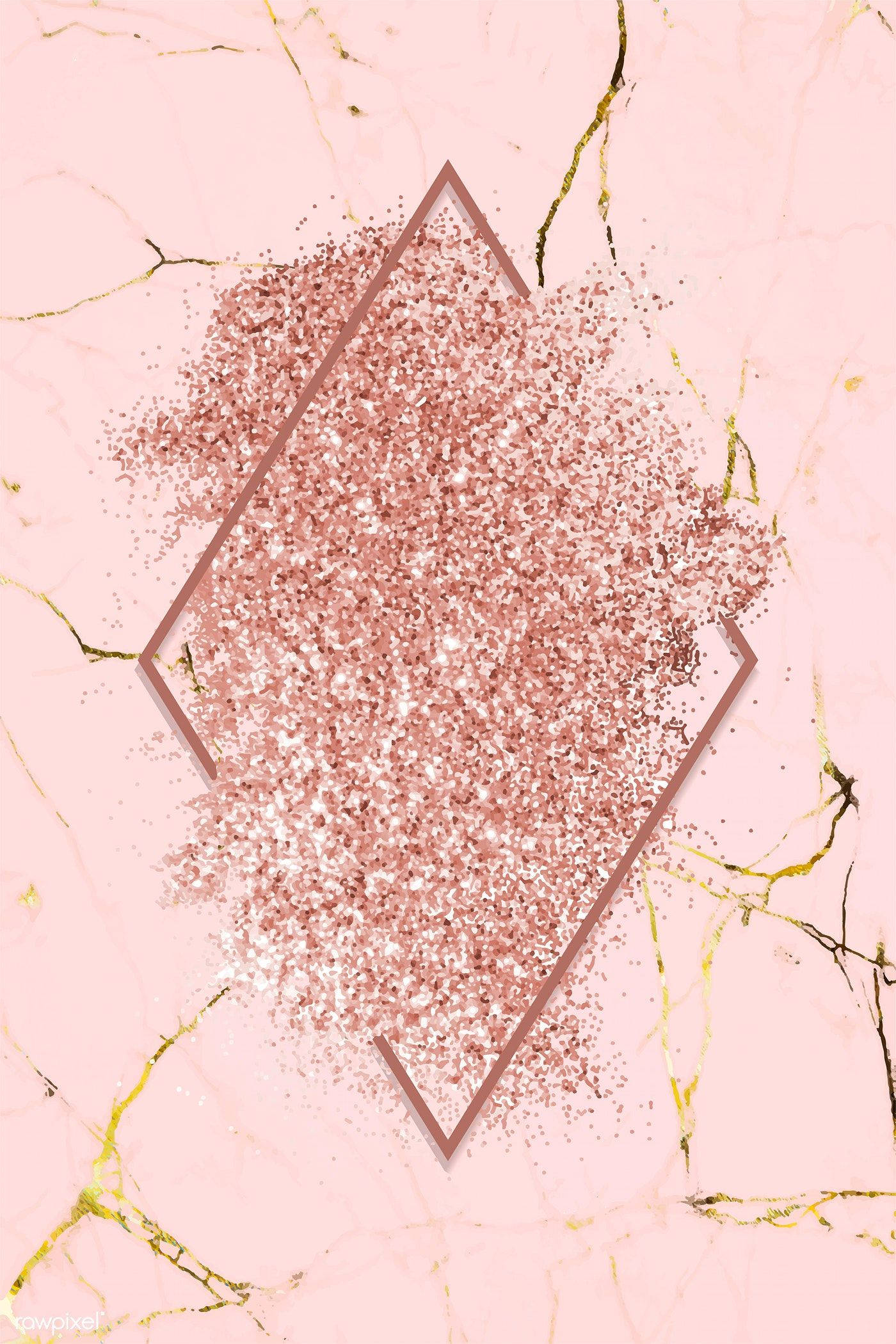 Pink Marble 桌布 壁紙 — 一個幾何鑽石框架，內填玫瑰金閃粉，置於帶有金色紋理的柔軟粉紅大理石背景上。