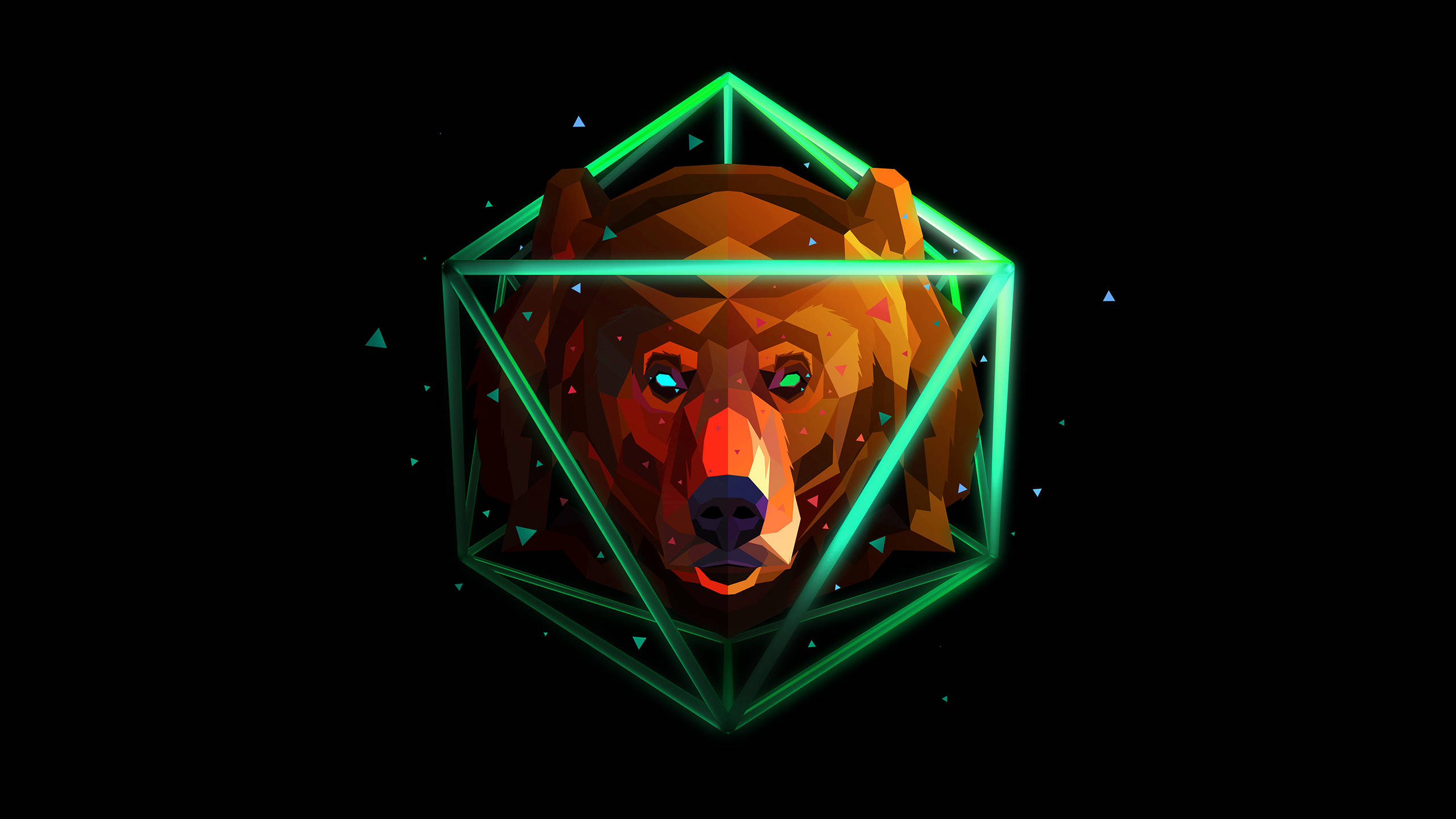 Polygon 桌布 壁紙 — 一個幾何風格的熊頭，以發光的綠色線條在黑色背景上形成六邊形。