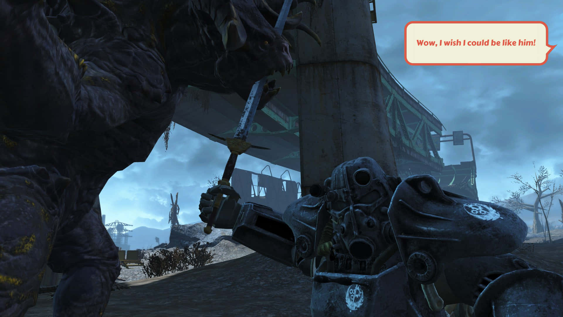 Fallout 4 The Capital Wasteland 桌布 壁紙 — 一個廢土機器人手持劍，面對斷橋下的巨型變異生物。