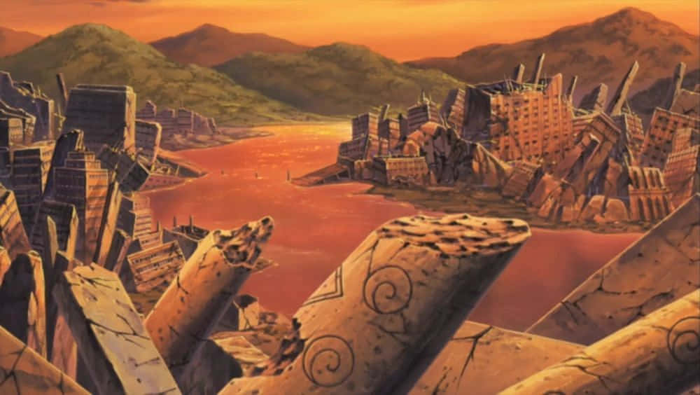 Naruto Village 桌布 壁紙 — 一個廢墟城市景觀，有破損的建築物和螺旋雕刻的柱子，俯瞰著橙色天空下的深紅色河流。