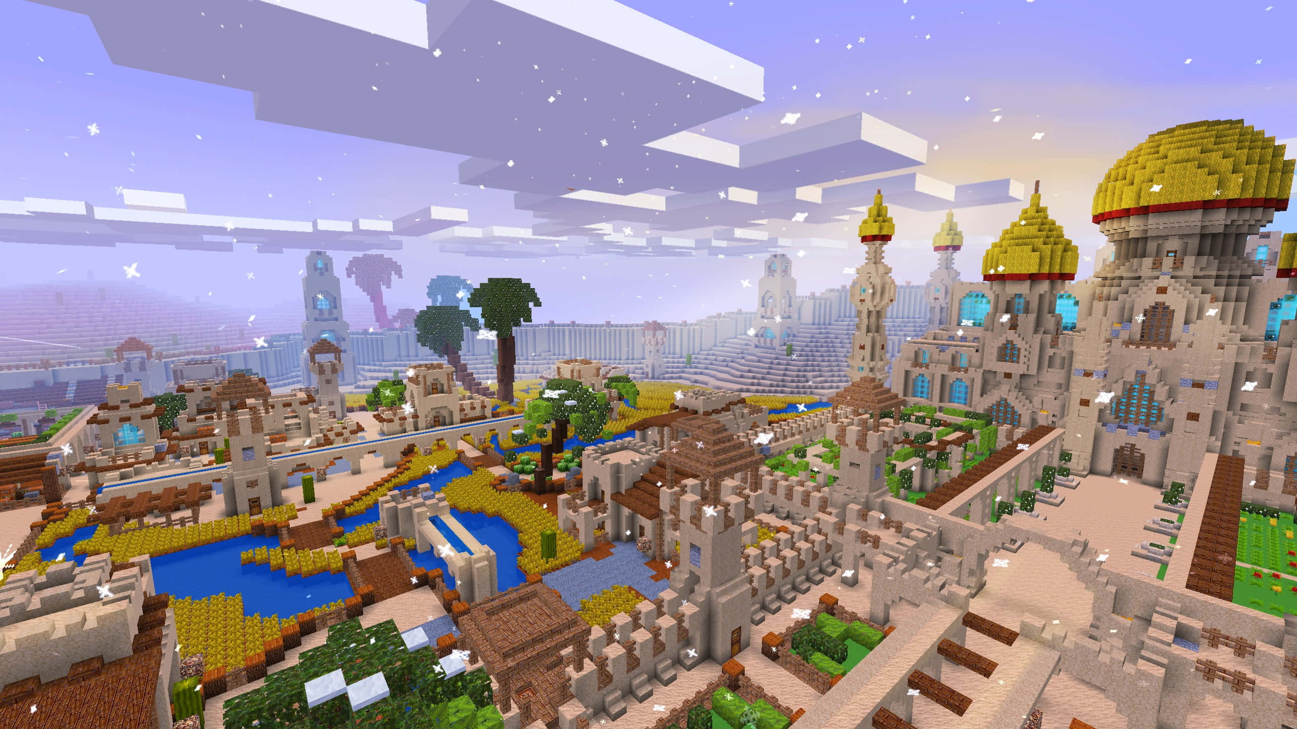 Minecraft Adventure 桌布 壁紙 — 一個廣闊的Minecraft城市，擁有金色圓頂和像素化建築，在星光燦爛的暮色天空下。