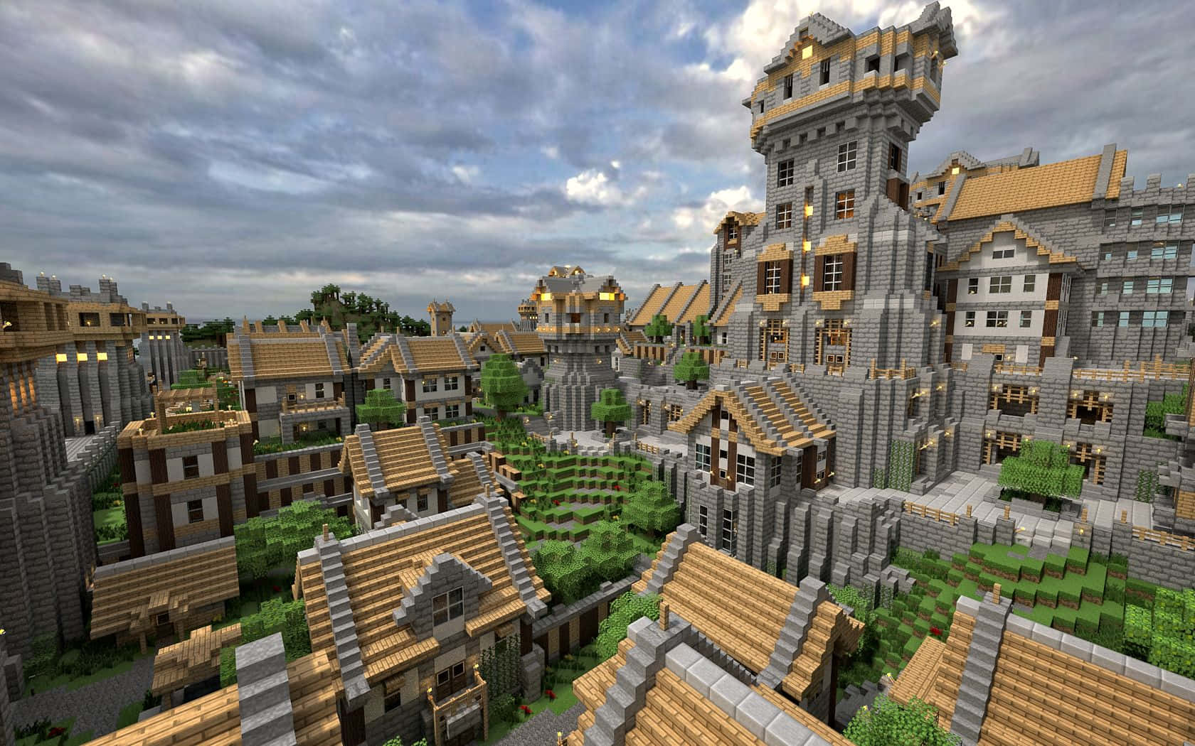 Minecraft Villages 桌布 壁紙 — 一個廣闊的Minecraft村莊，有石塔和木屋頂，在多雲的天空下。