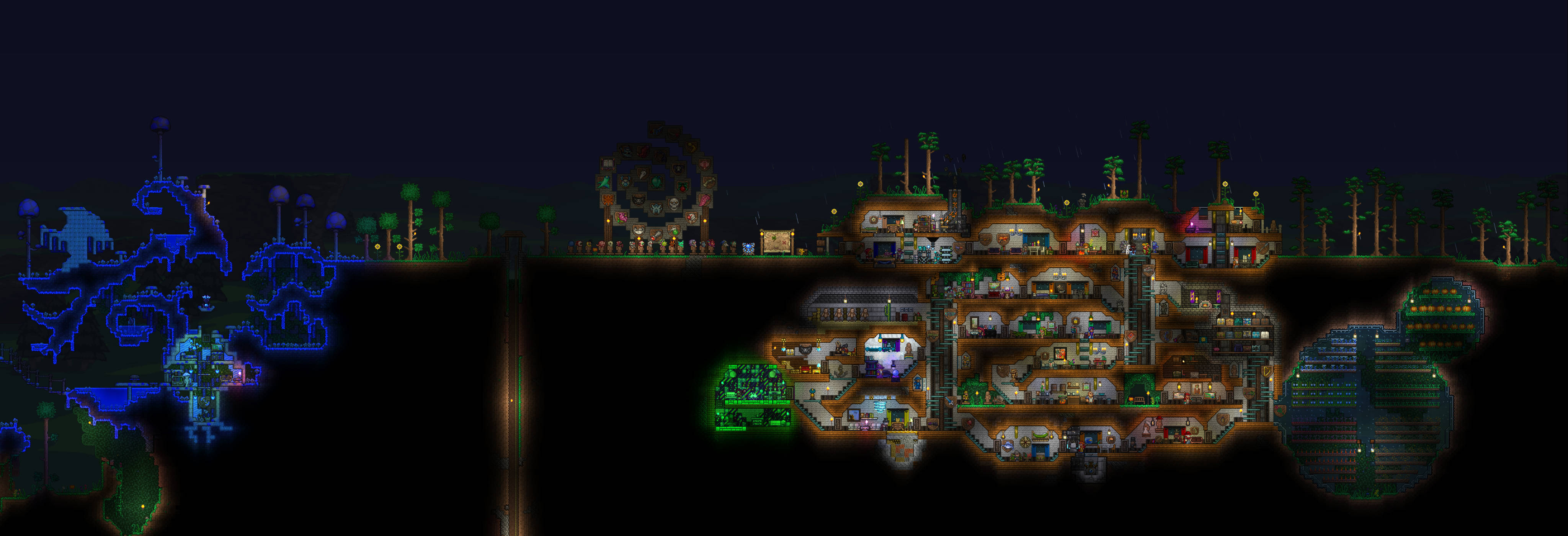 Terraria Moon Lord 桌布 壁紙 — 一個廣闊的像素藝術基地，在夜晚被發光的燈光和棕櫚樹照亮，天空黑暗。