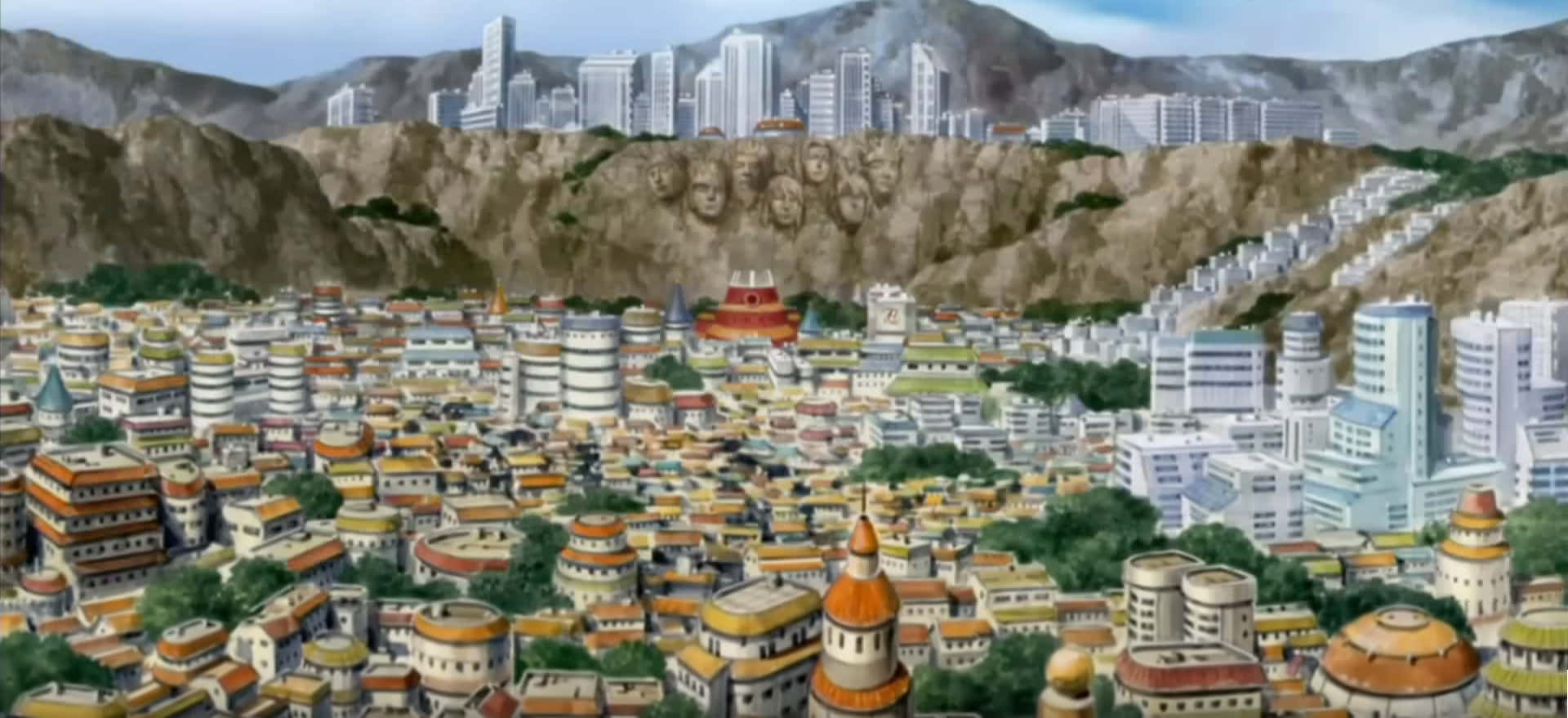 Hidden Leaf Village 桌布 壁紙 — 一個廣闊的動漫城市坐落在山谷中，現代摩天大樓聳立在山上雕刻的古老石臉後面。