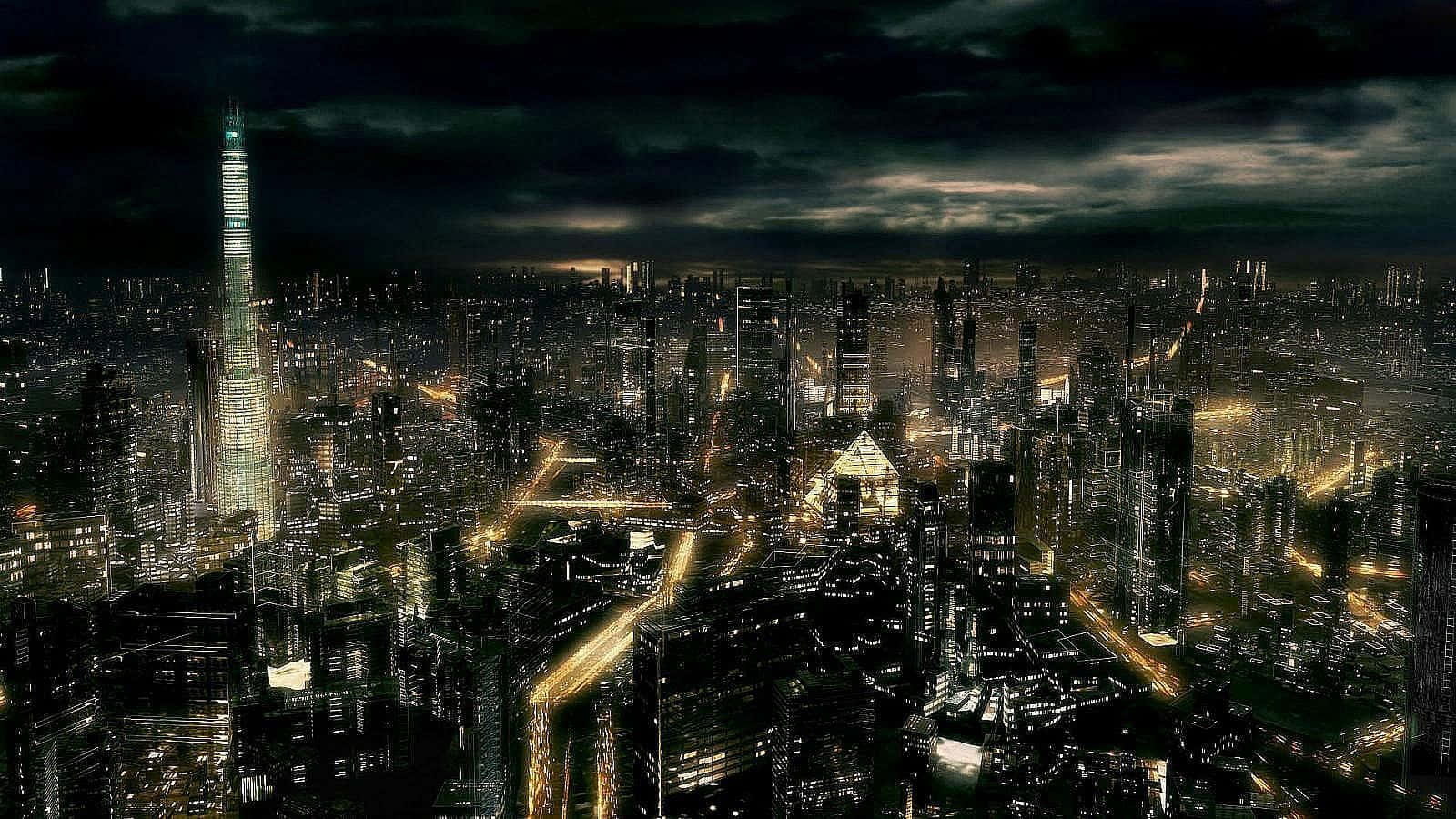 3d City 桌布 壁紙 — 一個廣闊的未來城市夜景，高聳的摩天大樓在黑暗暴風雨的天空下閃耀。
