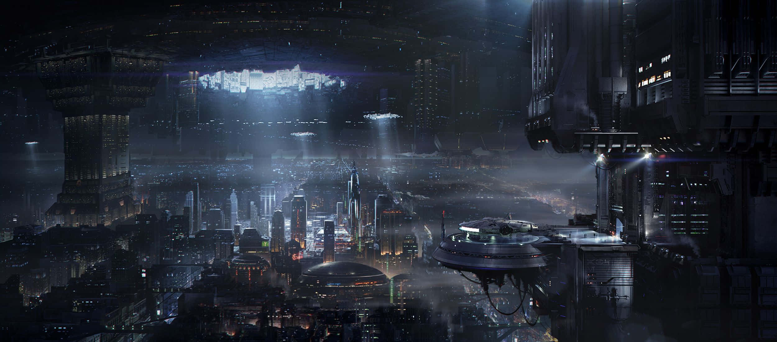 Coruscant 桌布 壁紙 — 一個廣闊的未來城市夜景，高聳的摩天大樓在黑暗的天空下發光，有漂浮的車輛和頭頂上一個巨大的發光結構。